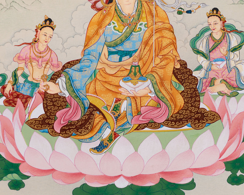 Guru Rinpoche with Consorts: Mandarva & Yeshe Tsogyal Thangka