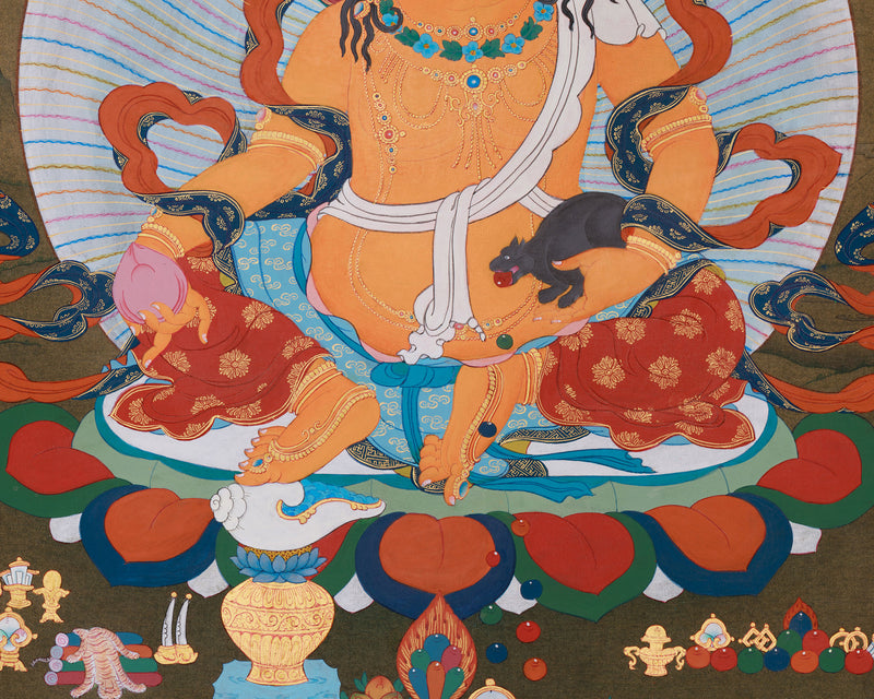 Prosperity's Guardian - Yellow Jambhala Thangka | Hand-Painted in Acrylic Colors