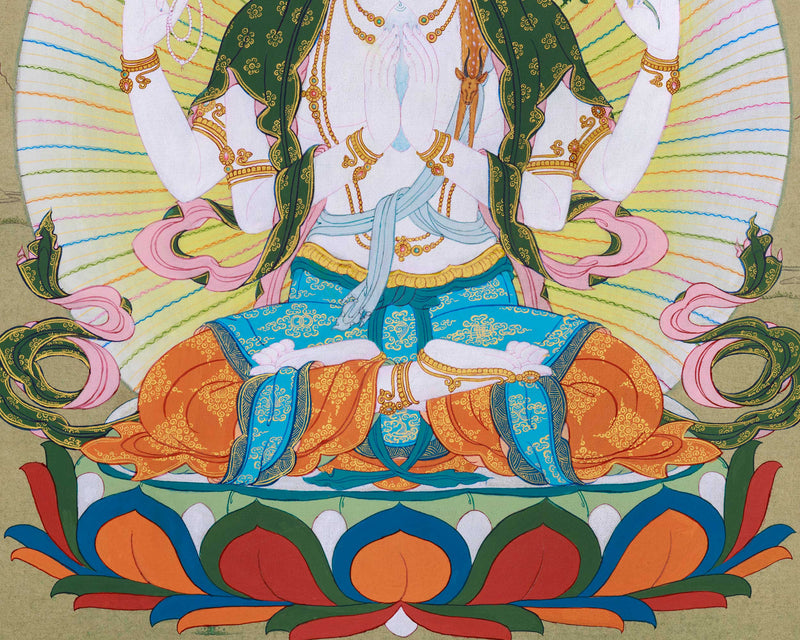 4 Armed Chenresig Thangka, Karma Gadri Art