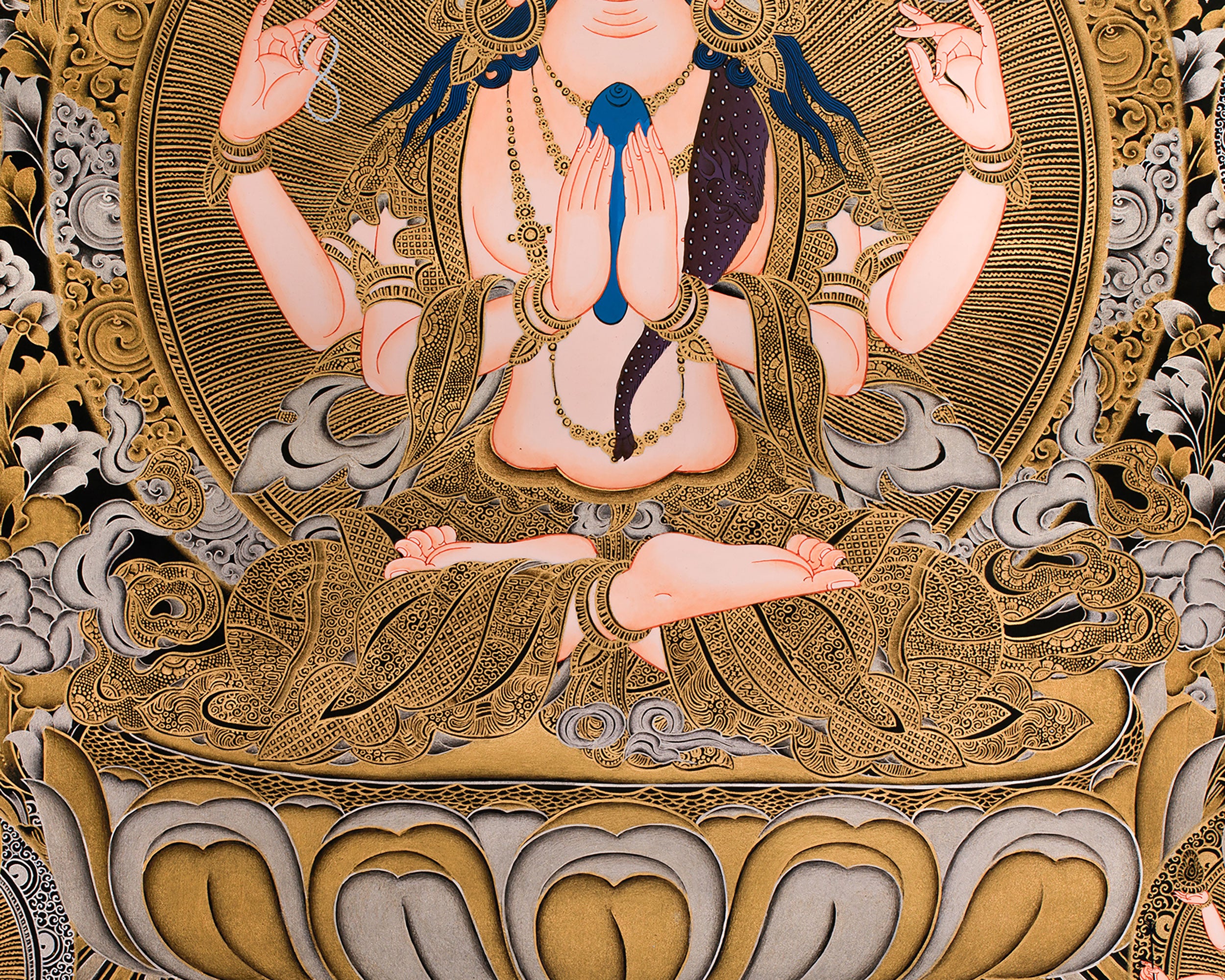 The Tranquil Presence of 4 arms Avalokiteshvara | Gold Embellished Thangka of Compassion