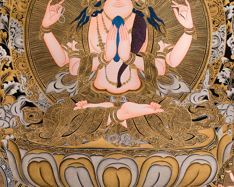 The Tranquil Presence of 4 arms Avalokiteshvara | Gold Embellished Thangka of Compassion