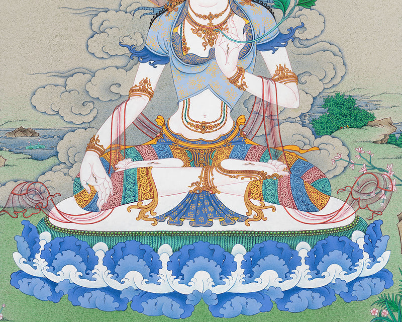 Goddess White Dolma Thangka | Artistic Elegance in Lhasa Stone Hues