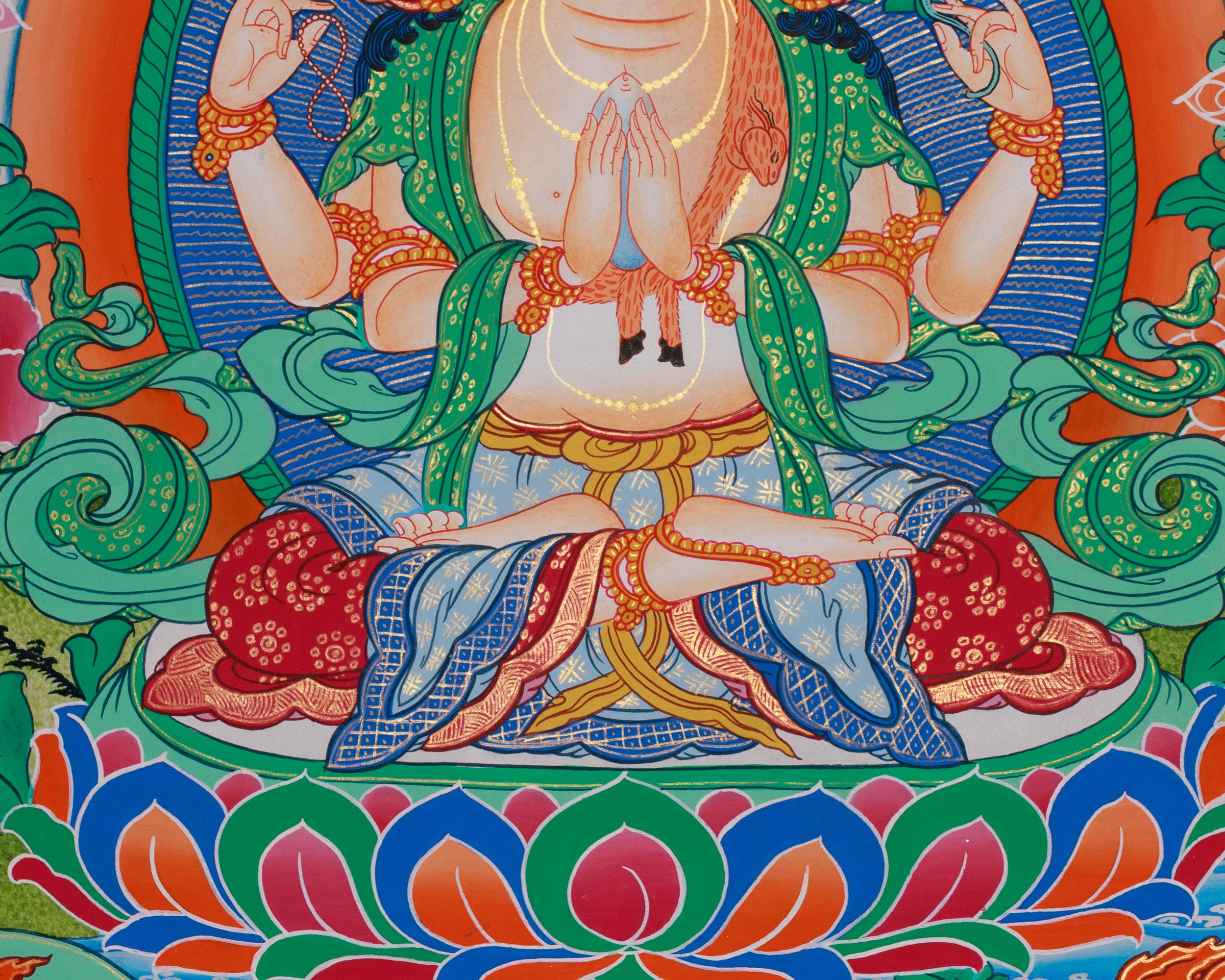 Avalokiteshvara Thangka with Buddhas and Bodhisattvas | Hand-Painted Himalayan Art