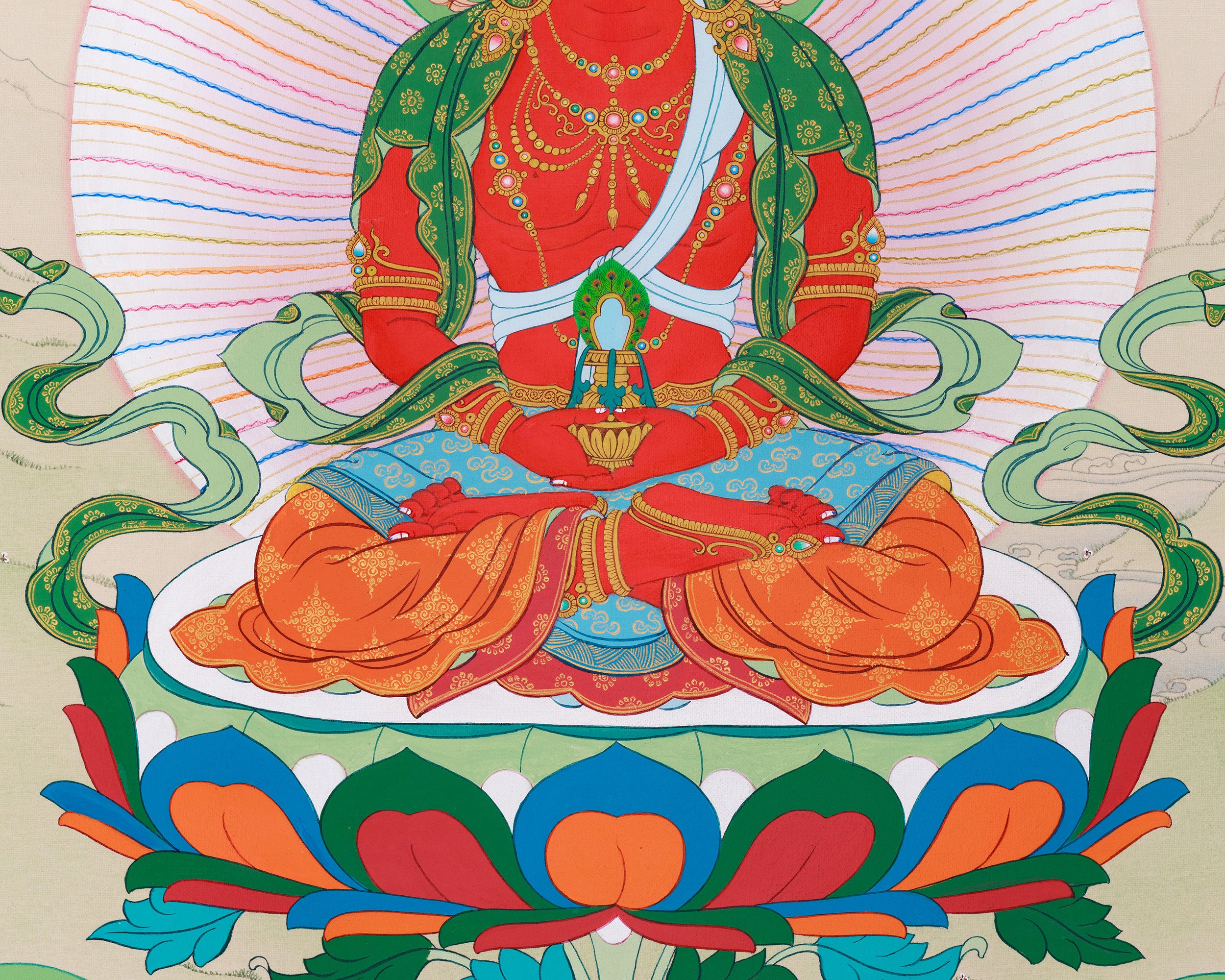 Amitayus with White Tara and Namgyalma Painting | Tibetan Art of Longevity Deities