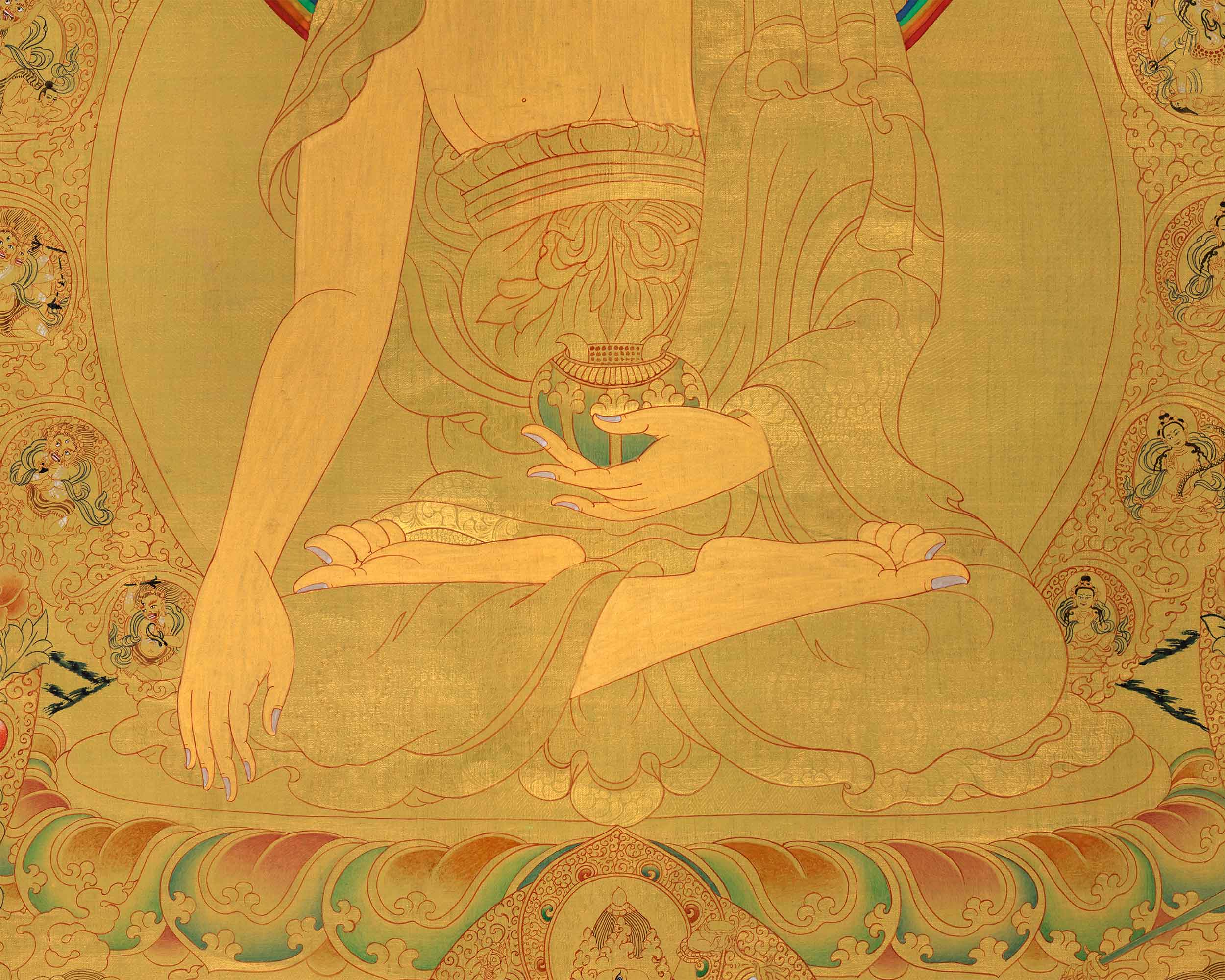 Divine Gautama Buddha Art | Shakyamuni Thangka in Glorious Gold | Traditional Hand Painted Thangka Art