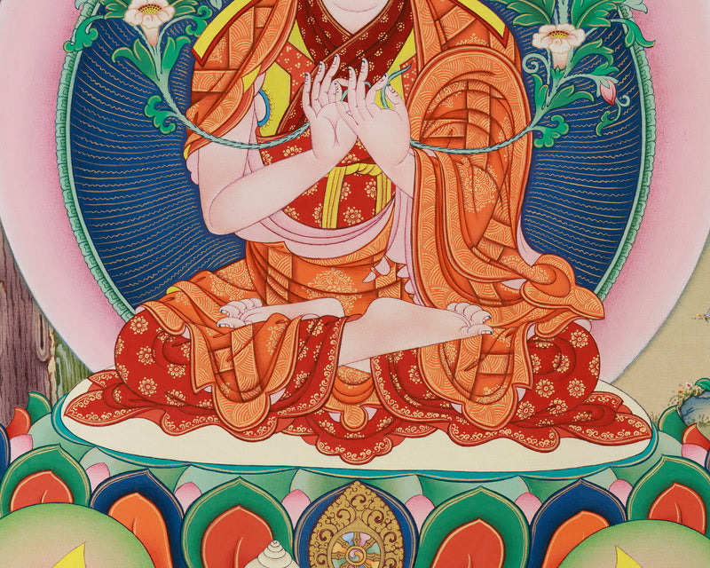 Tsongkhapa Canvas Print with Disciples | Giclee Thangka Art | Tibetan Buddhism Wall Hanging