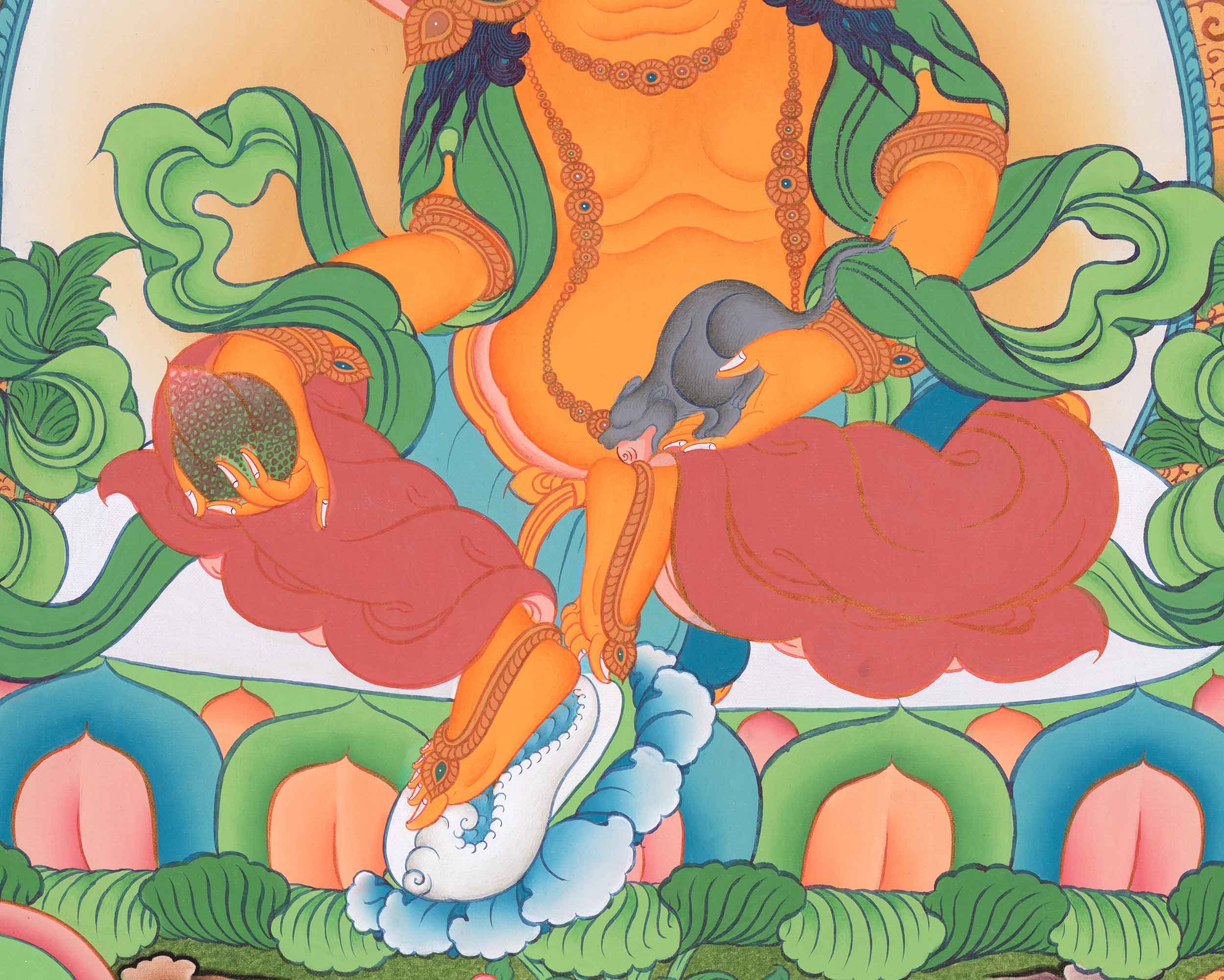Five Dzambhalas Thangka | Featuring Amitabha Buddha | Hand-Painted on Cotton Canvas