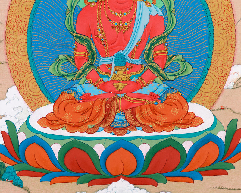 Red Buddha Amitayus Thangka | Embodiment of Immortality and Wisdom