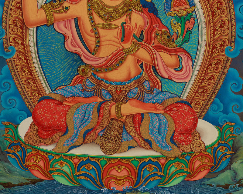 Exquisite Manjushri Painting | 5 Dhyani Buddhas and Bodhisattva | Tibetan Buddhist Wisdom Art