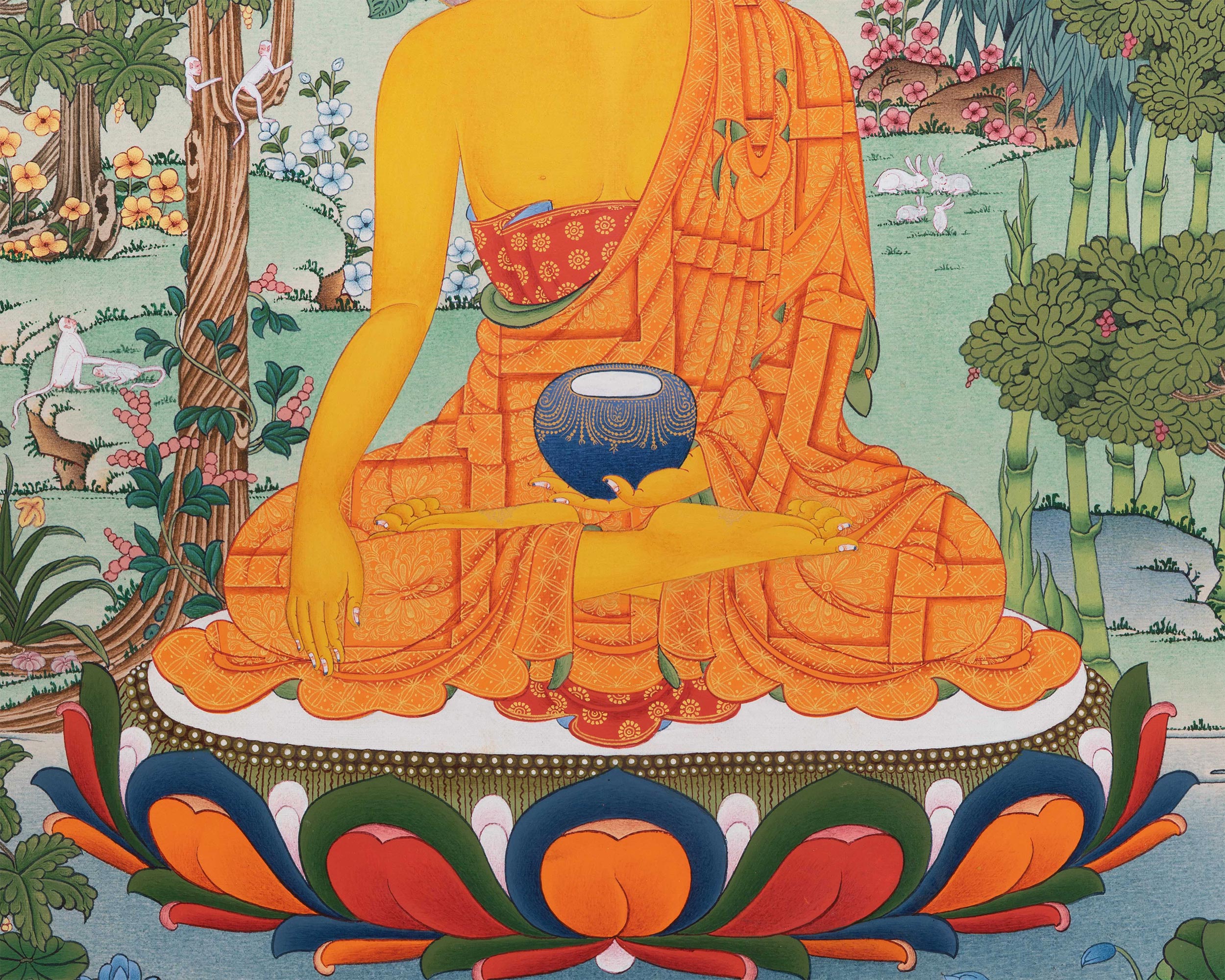 Rare Tibetan Buddha Shakyamuni Thangka Surrounded by Nature | A Vision of Enlightenment