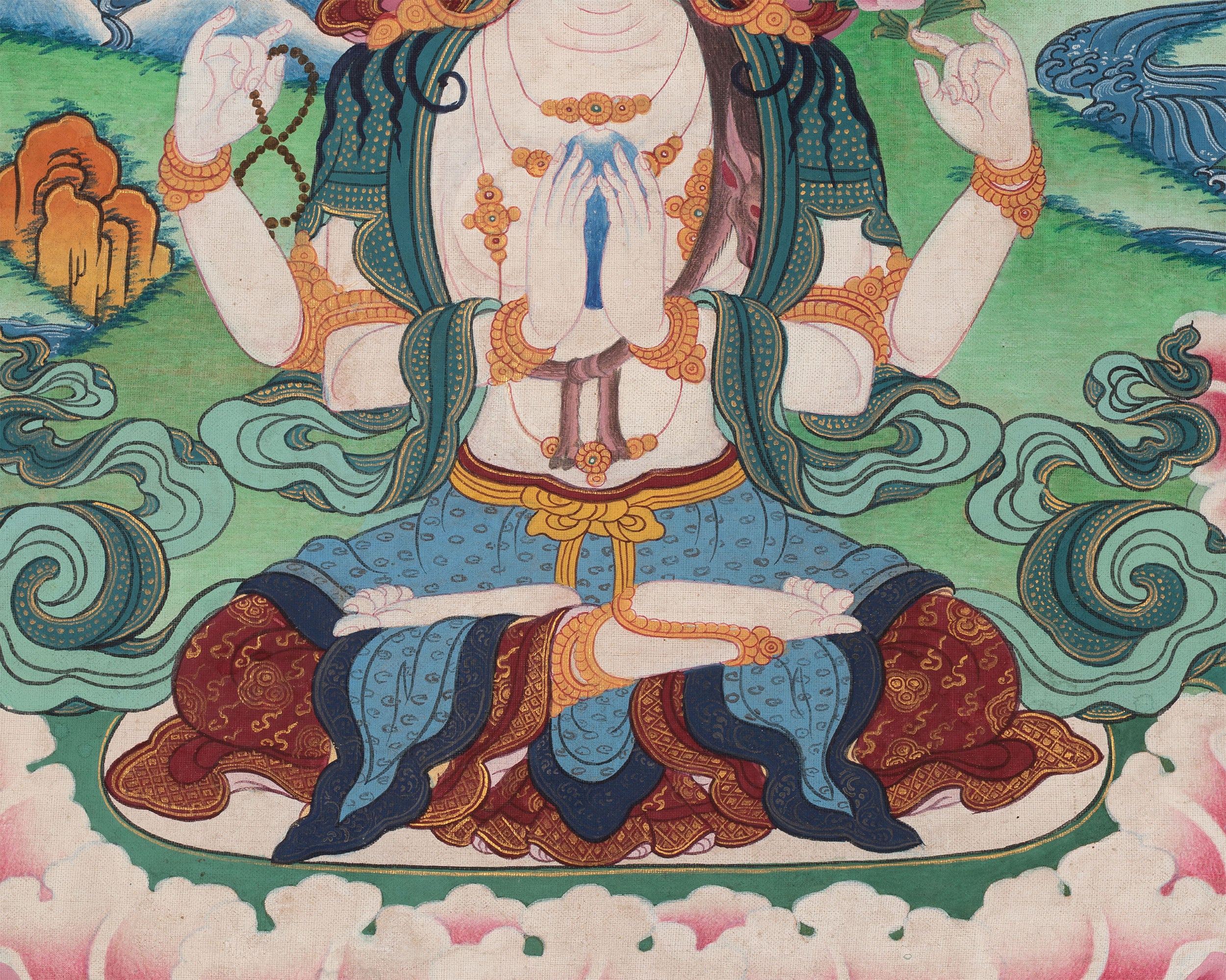 Original Vintage Chenrezig Thanka with Brocade | Traditional Thangka Art