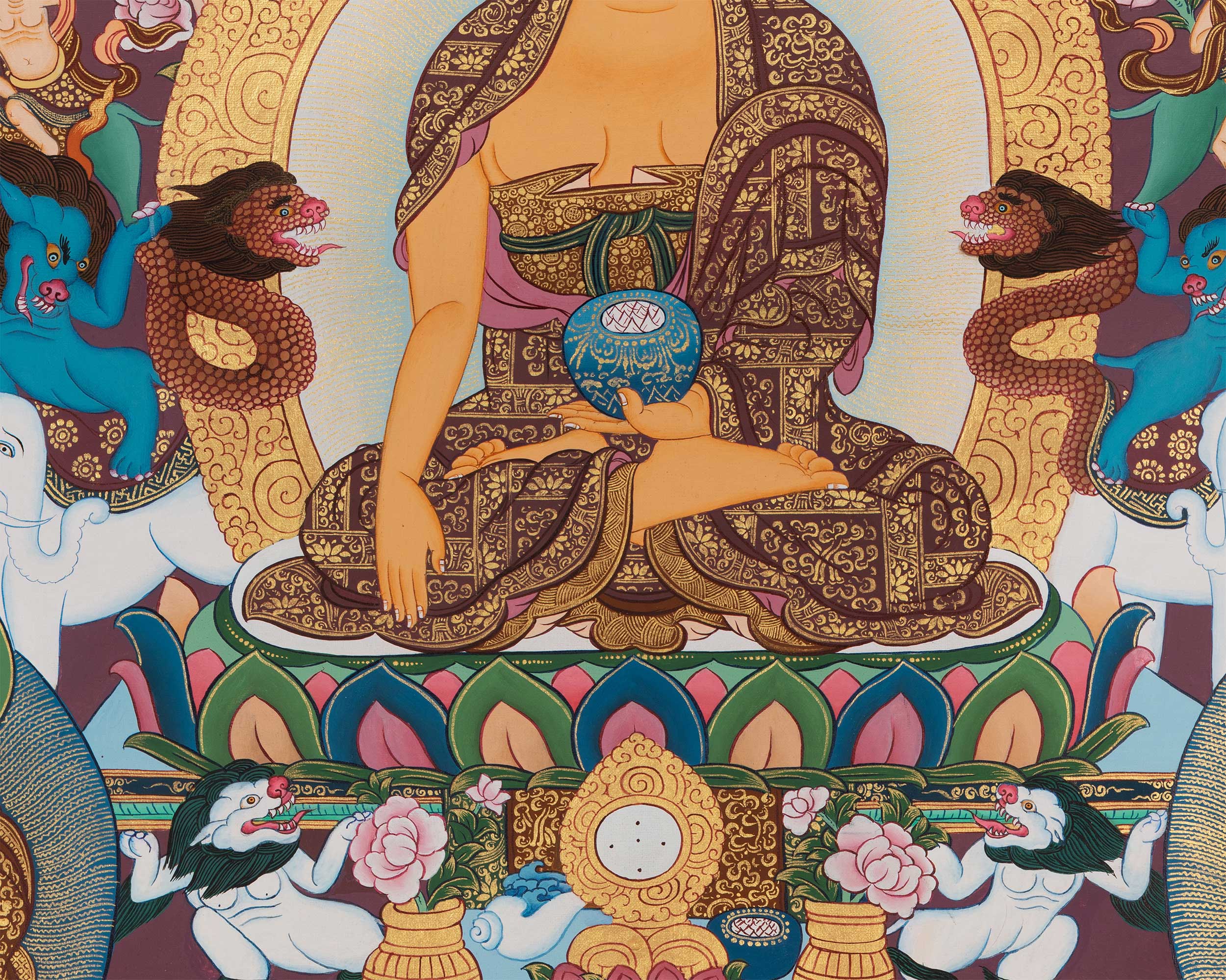Enlightened One, Shakyamuni Buddha in Celestial Throne | Timeless Thangka Painting