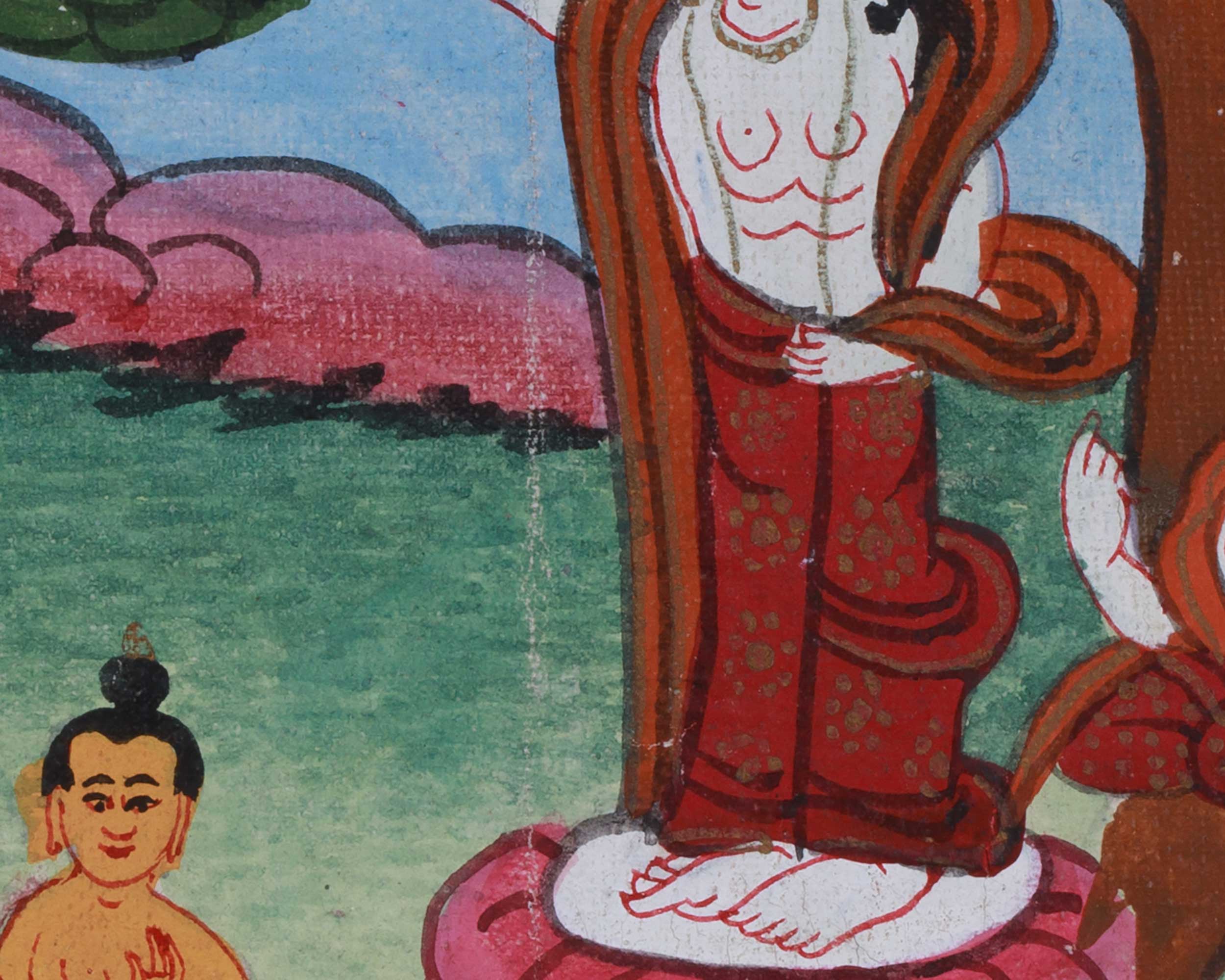 Vintage Thangka of Queen Maya Devi Giving Birth | Thangka Painting