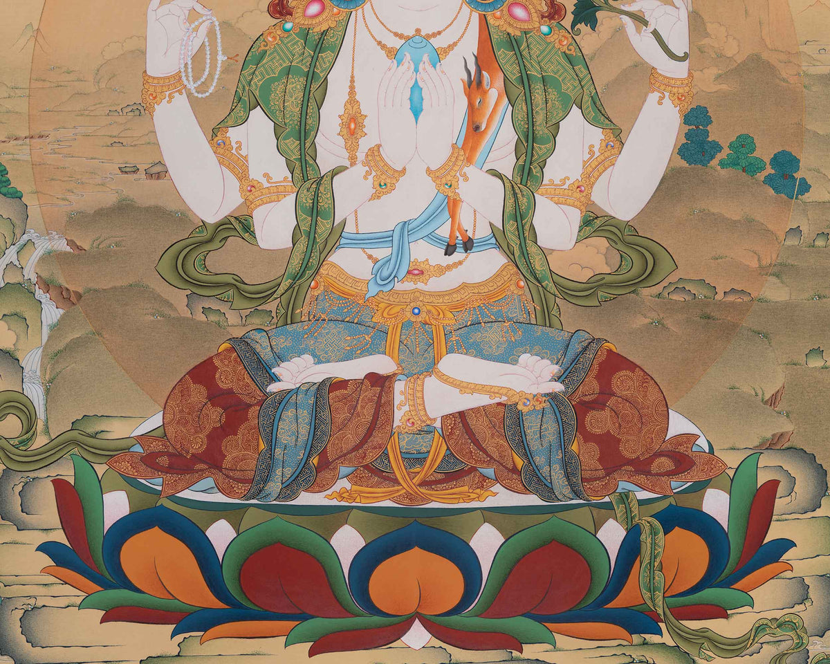 Tibetan Four-Armed Chenrezig Thangka | Chaturbhuja Avalokiteshvara