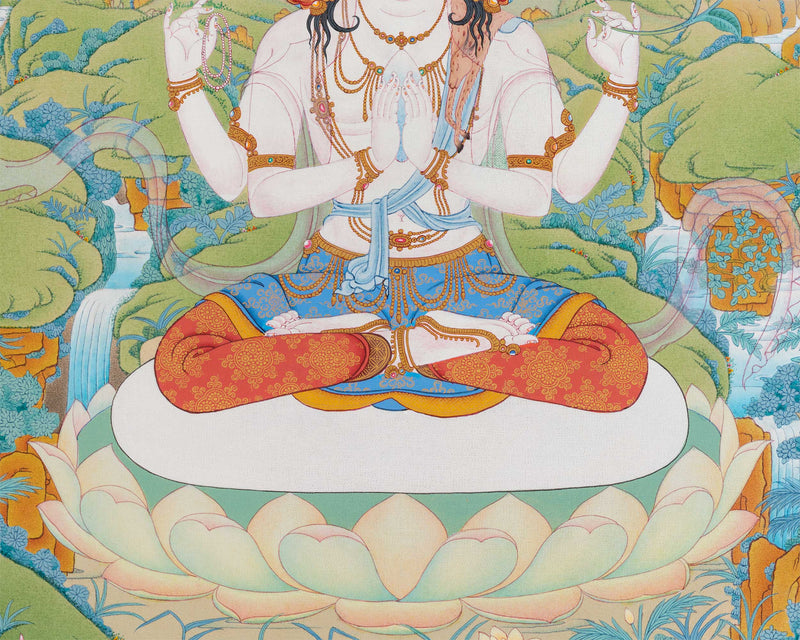Four-Armed Chenresig Thangka Print for Divine Wisdom | Bodhisattva Of Compassion