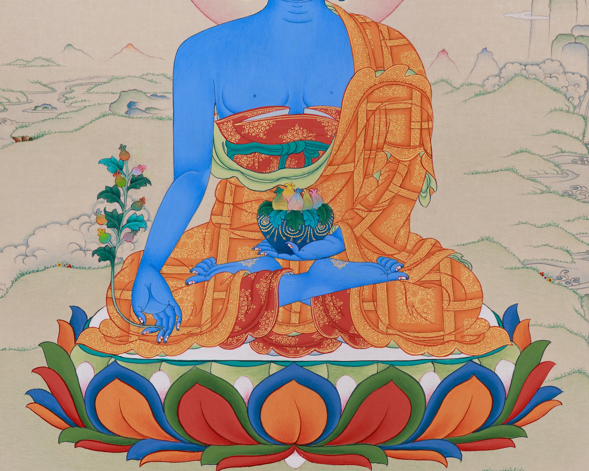 Bhaisajyaguru, the Healing Buddha | A Thangka for Health, Well-being, and Spiritual Peace