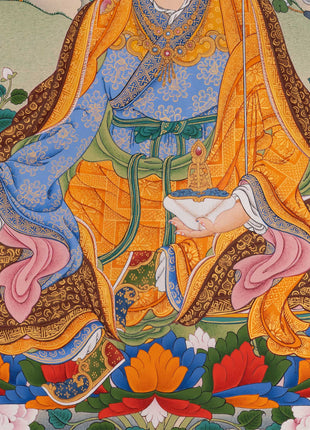 Guru Rinpoche with Chenrezig and Amitabha Buddha Thangka