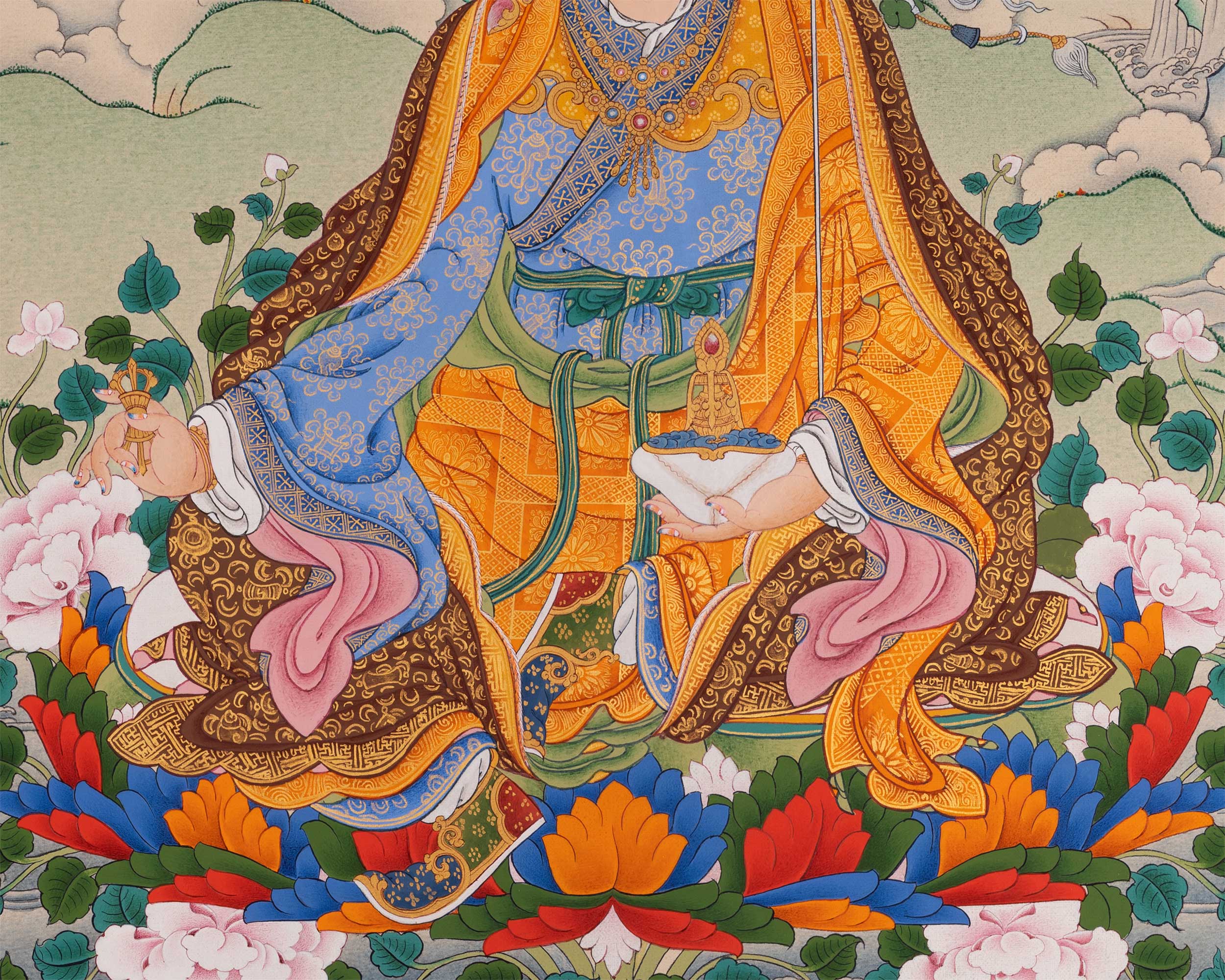Guru Rinpoche with Chenrezig and Amitabha Buddha Thangka