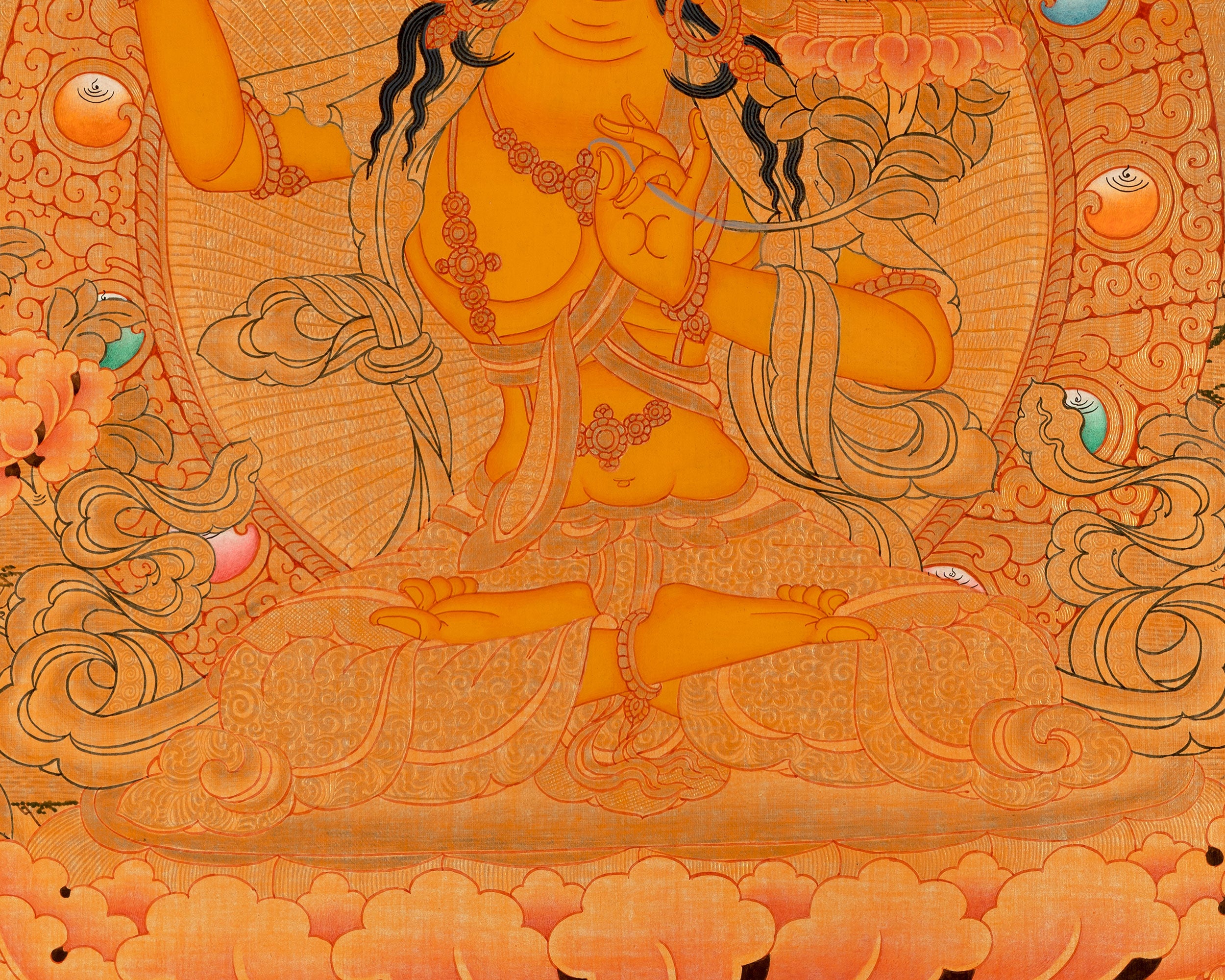 Gold Manjushri Thangka | Tibetan Buddhist Wall Decor Art