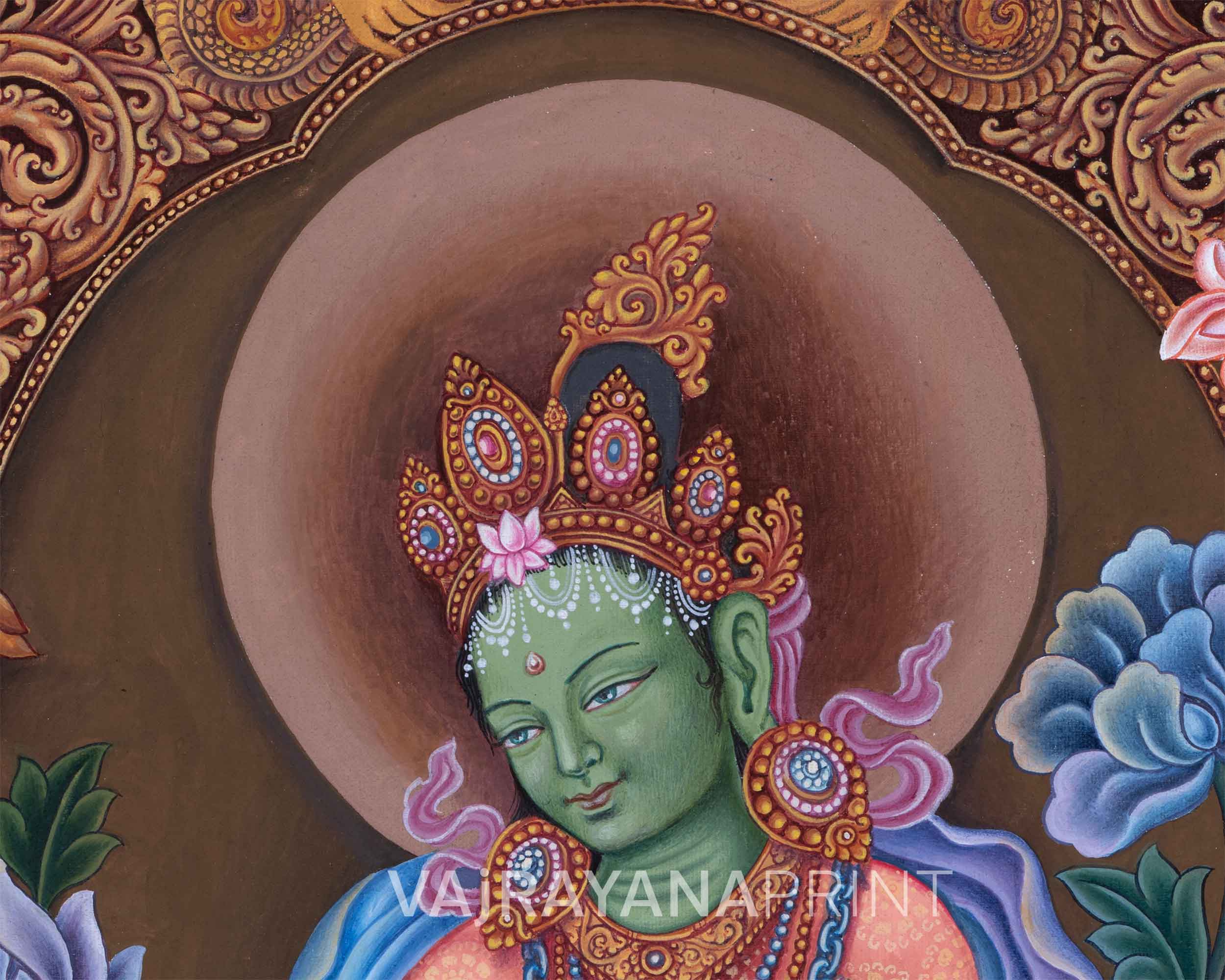 Divine Mother Green Tara Thangka Print | Traditional Artwork | Wall Decors