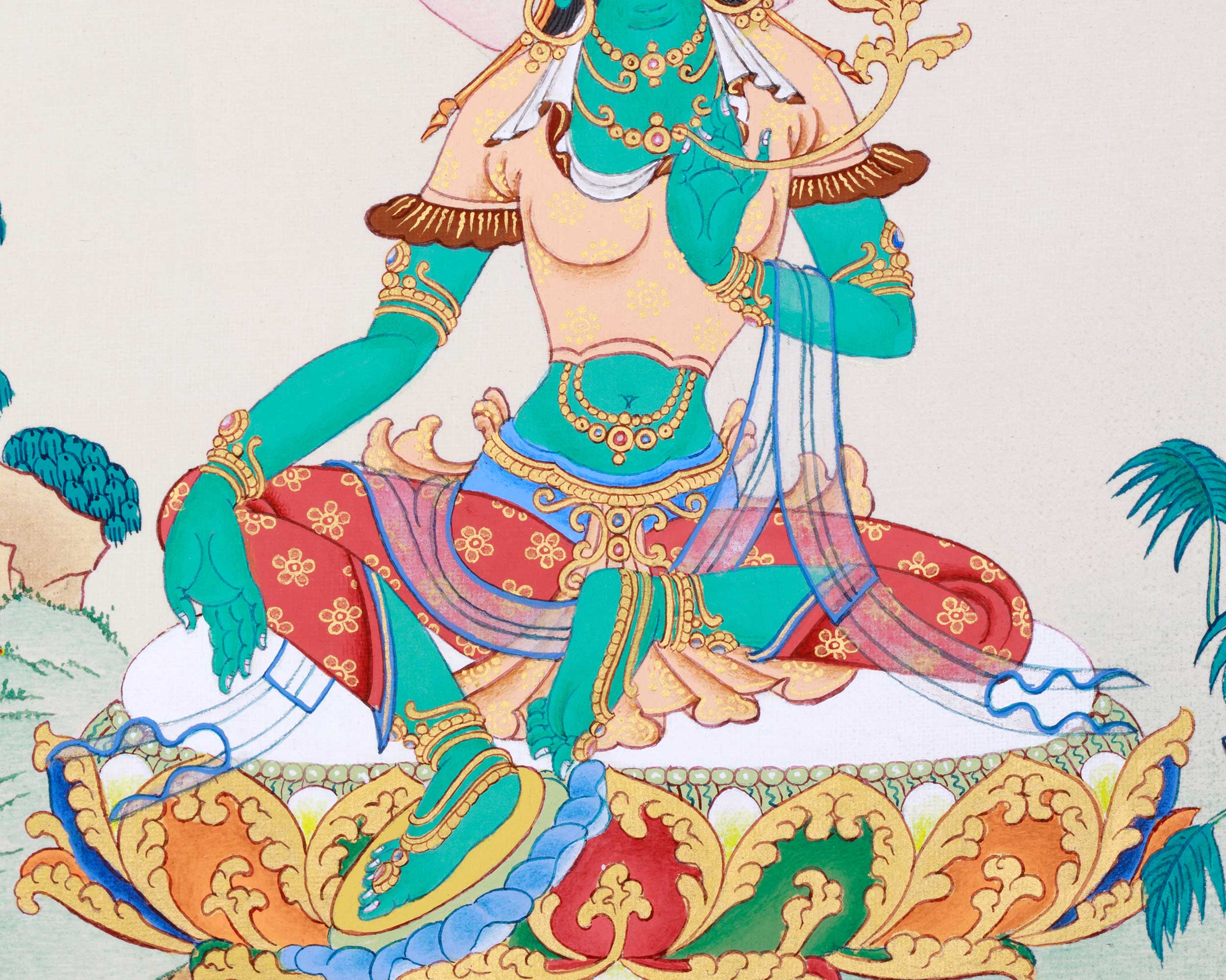 Green Tara Sacred Art | Hand Painted Divine Harmony Thangka | The Goddess of Healing