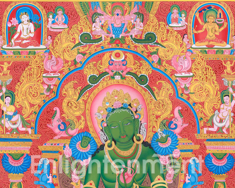 Green Tara and Divine Deities Thangka | Religious Hand Painted Art | Spiritual Decors