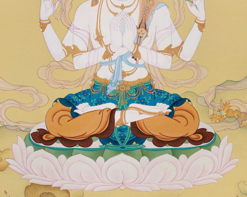 Four-Armed Chenresig Thangka | Bodhisattva Of Compassion | Religious Enlightenment Art