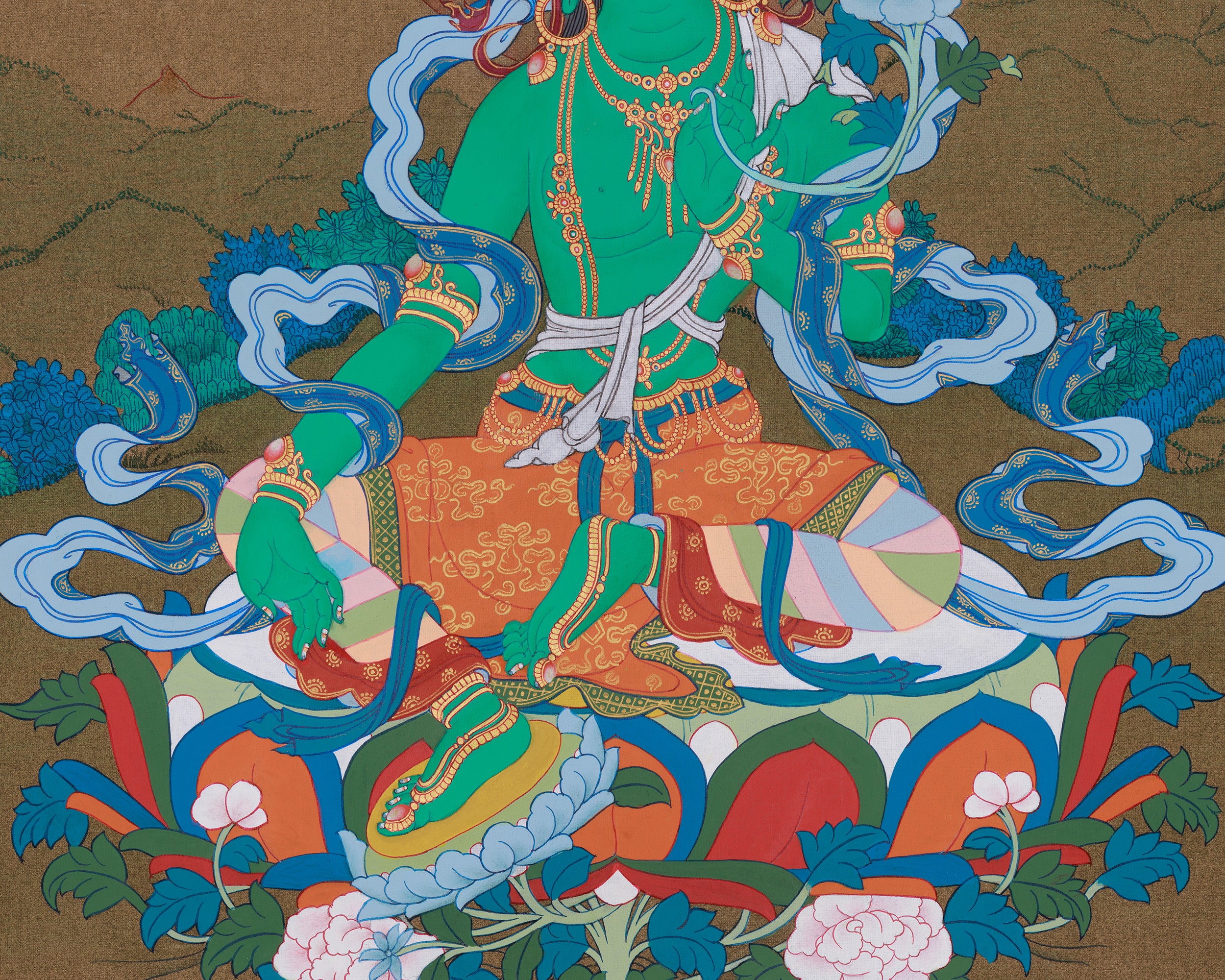 Buddhist Goddess Arya Tara Painting | The Compassionate Green Tara, Protector and Healer