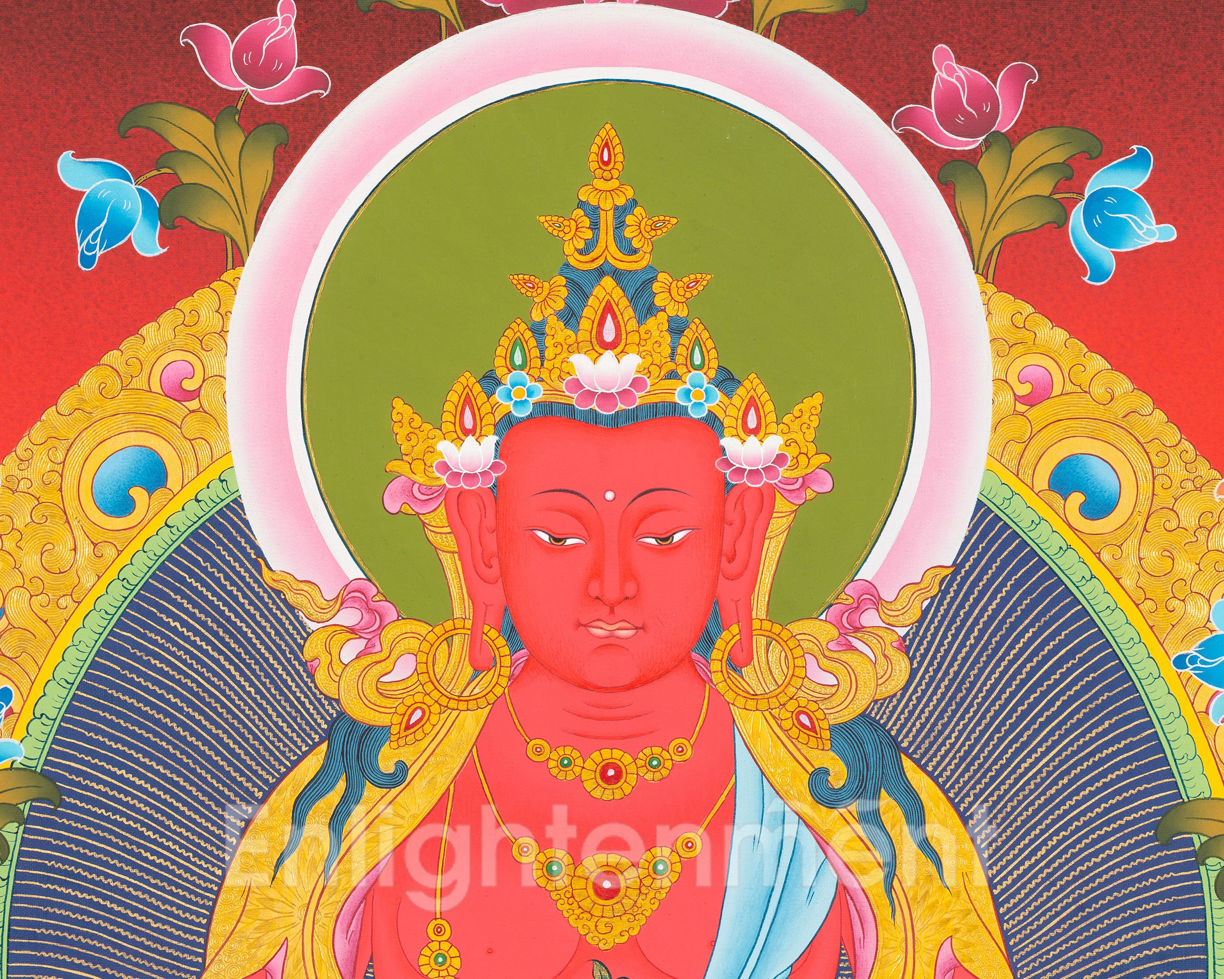 Hand-Painted Amitayus Buddha Thangka | Buddha of Longevity in Red Background