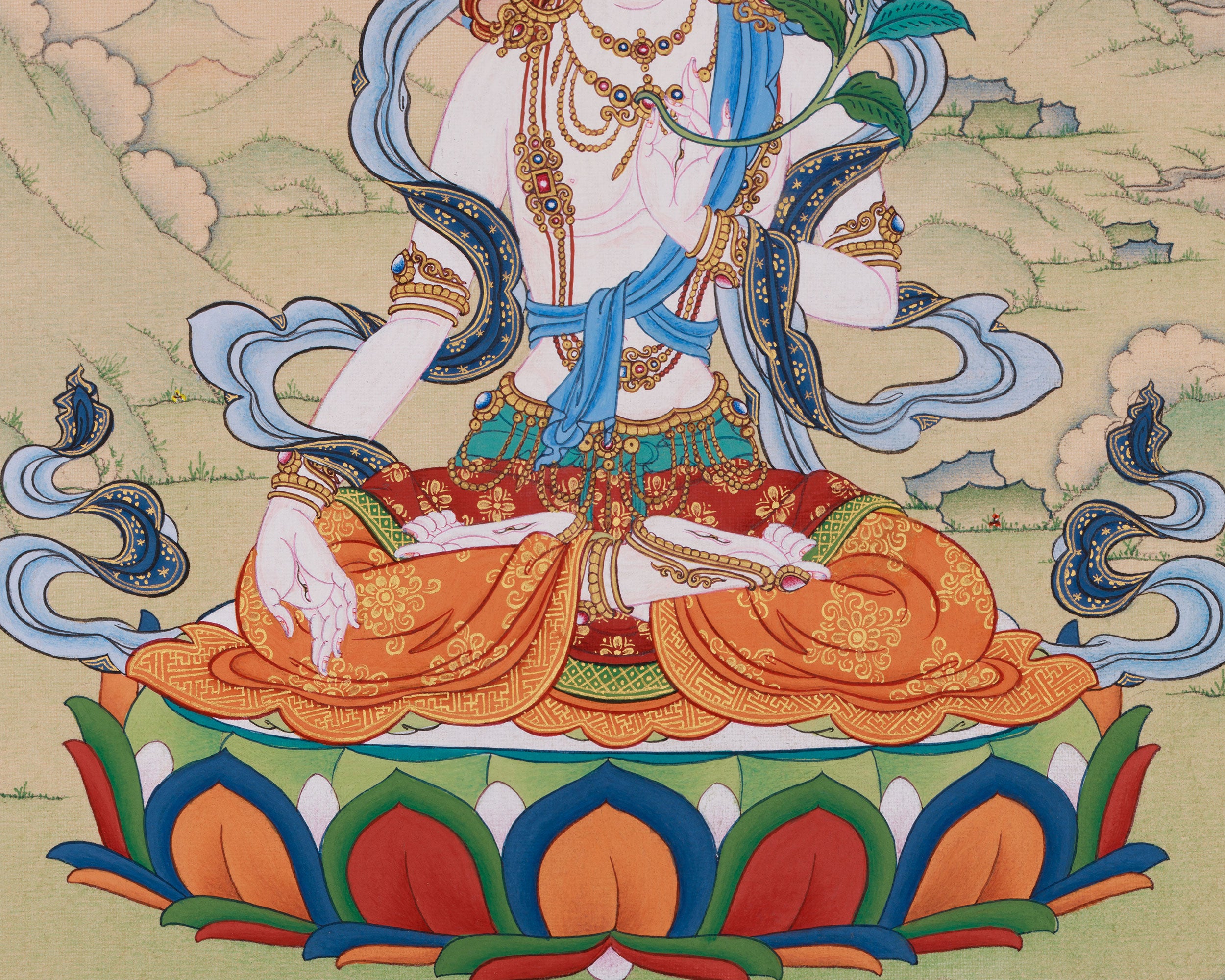 White Tara Buddhist Art | Seven-Eyed Goddess of Healing | 24K Gold & Natural Stone Colors