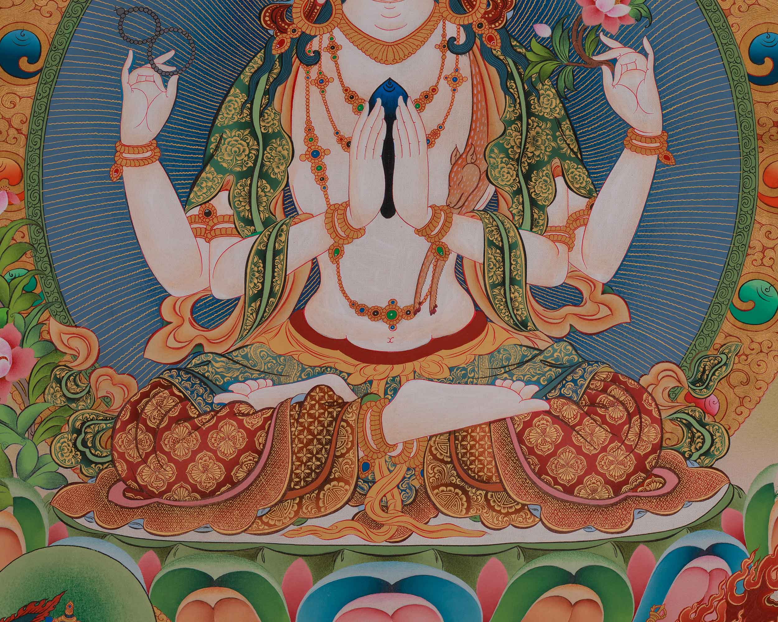 Chenrezig with Amitabha, Manjushri, and Vajrapani Thangka | Avalokiteshvara Art