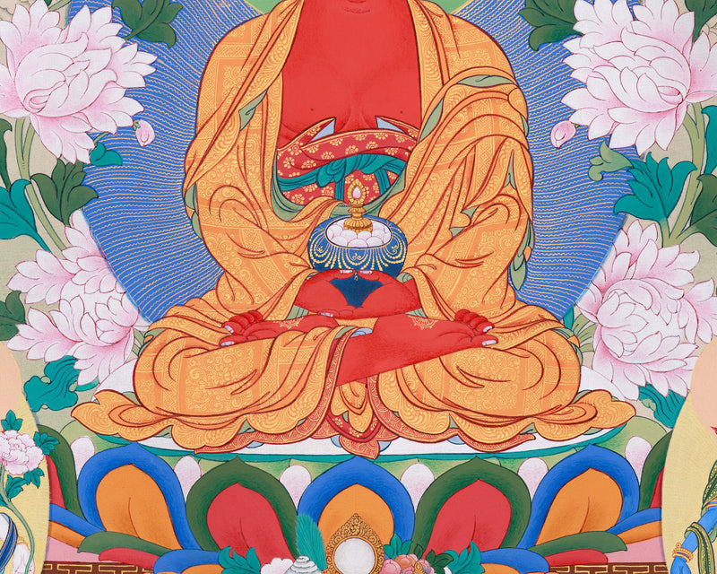 Buddhist Pure Land Thangka | Hand-Painted Amitabha Singham Artwork