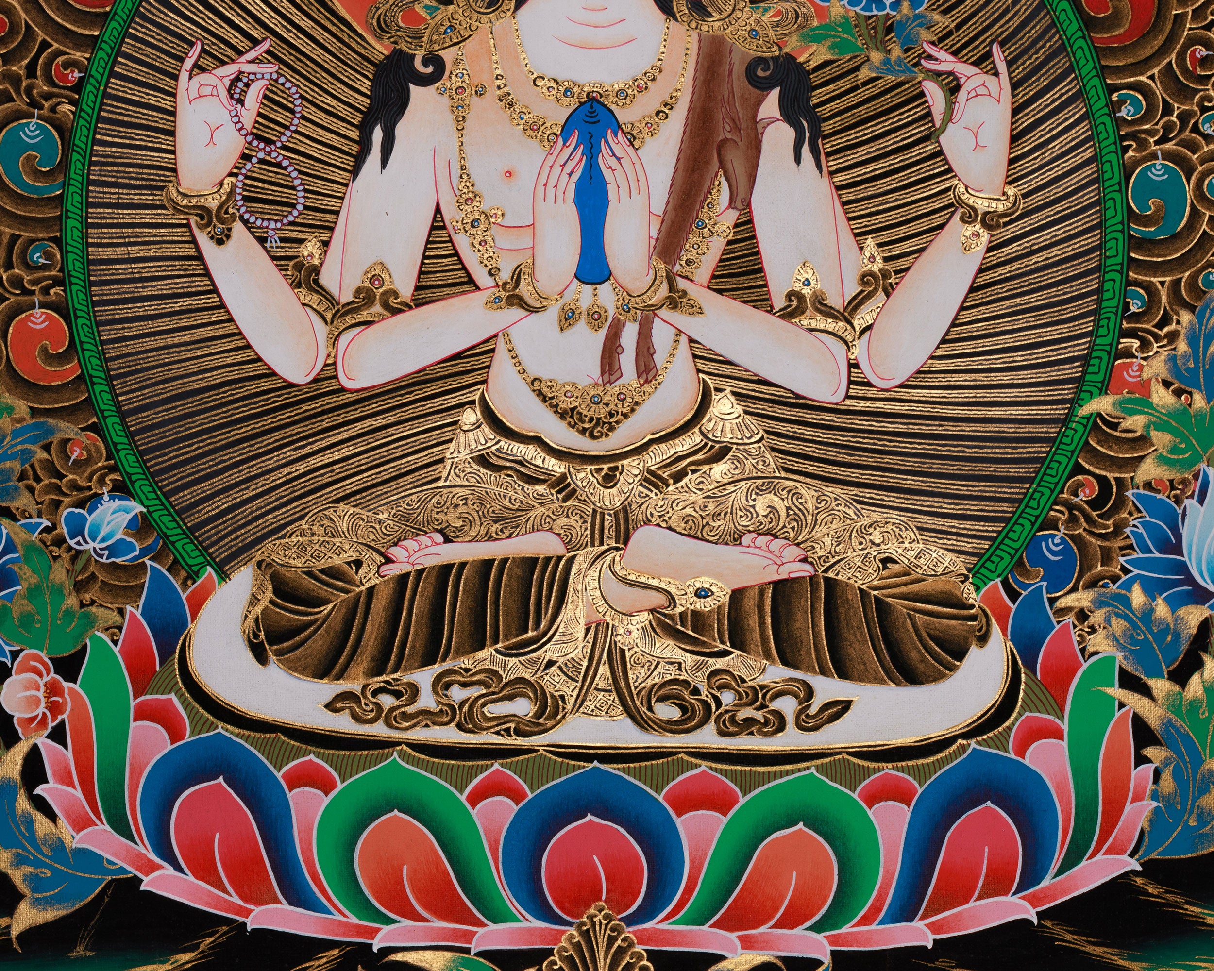 Four Armed Chenrezig Artwork |  Tibetan Thangka of the Bodhisattva of Compassion