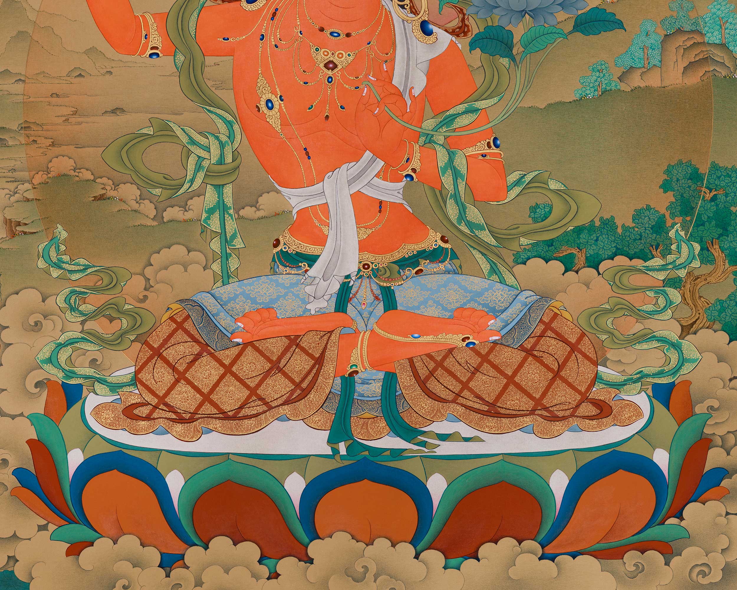 Tibetan Bodhisattva Manjushri Artwork | 51 Inch Thangka of Enlightenment and Clarity