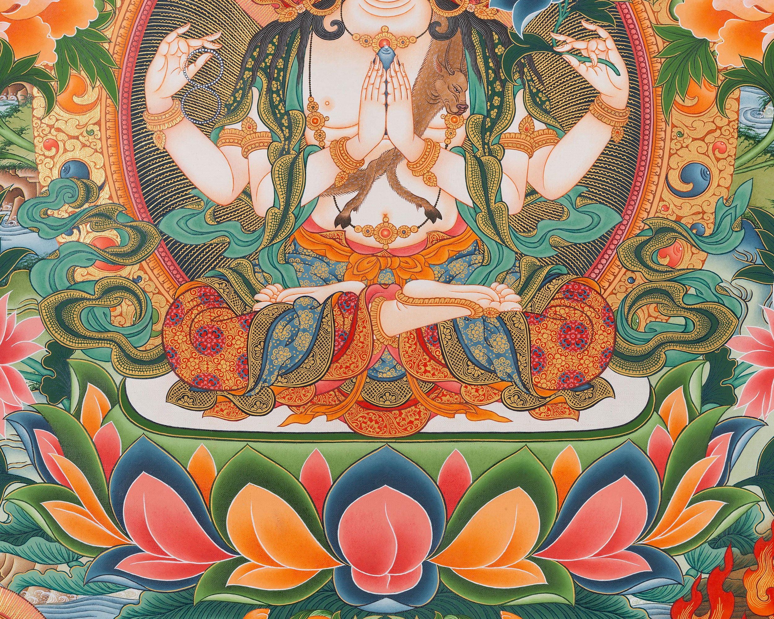 Divine Compassion in Eri Style: Avalokiteshvara Artwork with Amitabha Buddha, Manjushri and Vajrapani Figures