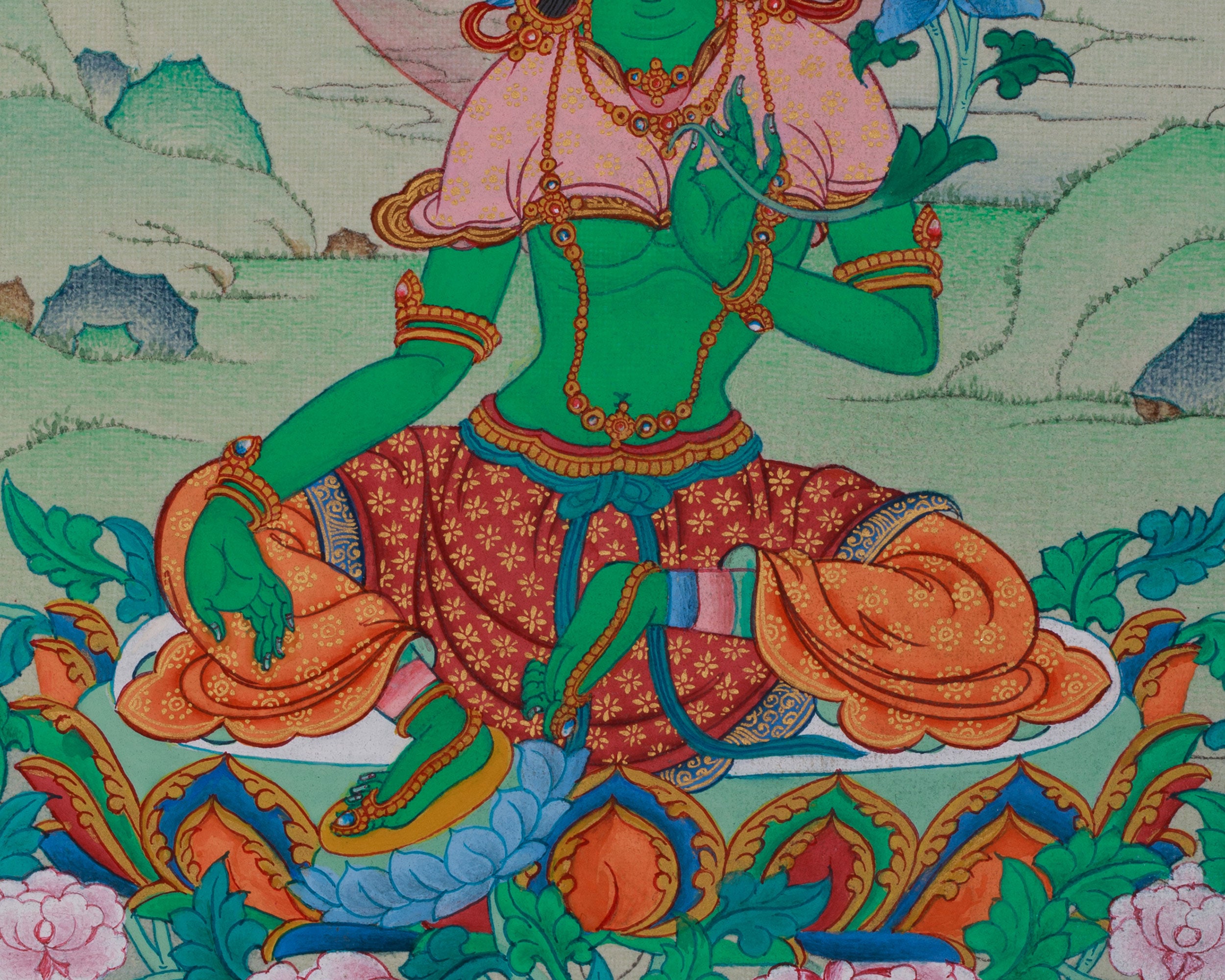 The Female Buddha, Green Tara Thangka | Compact Compassionate Artwork