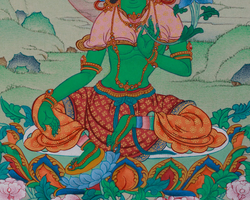 The Female Buddha, Green Tara Thangka | Compact Compassionate Artwork