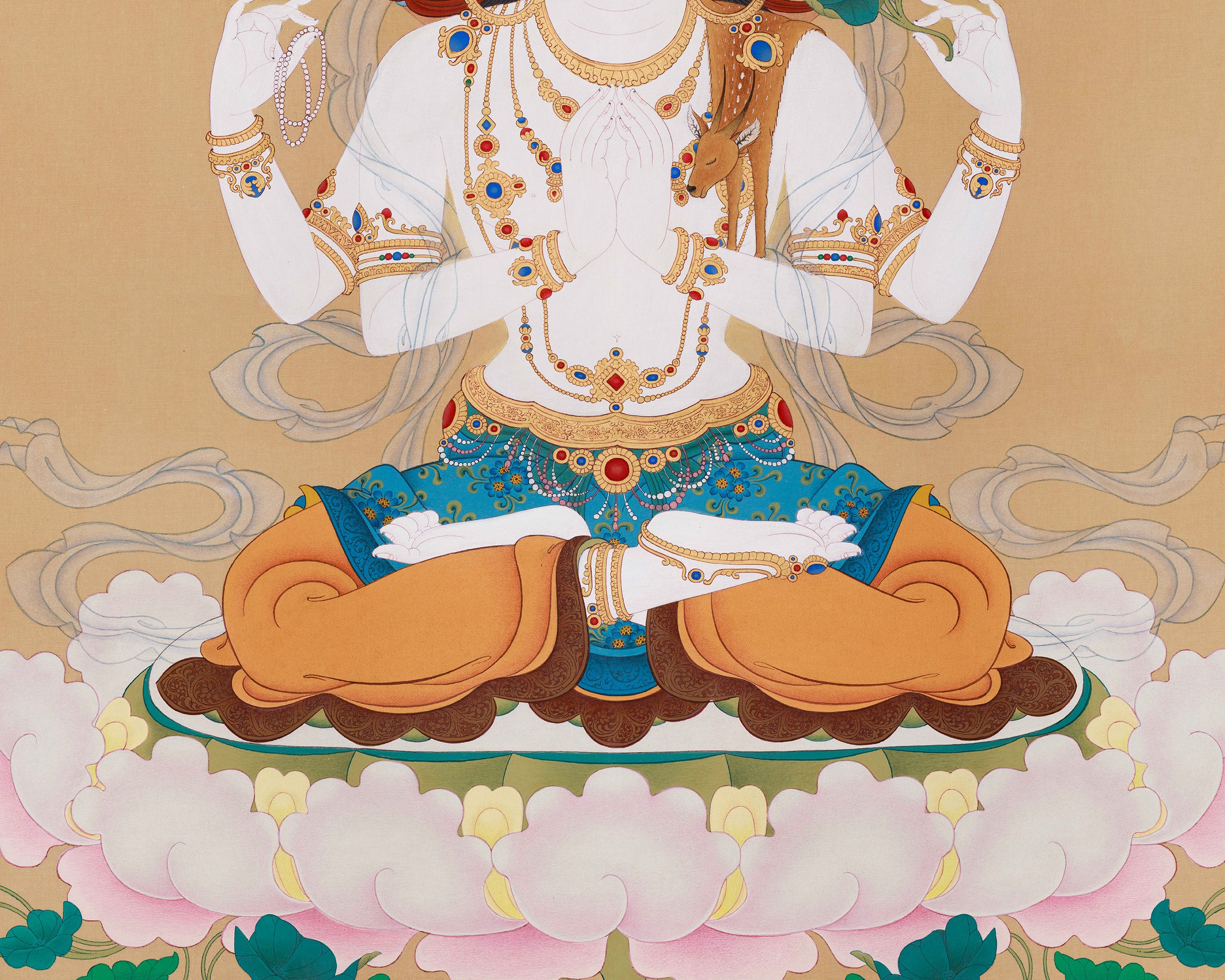 Majestic 4 Armed Chenrezig Buddha Thangka | Symbol of Boundless Compassion and Grace