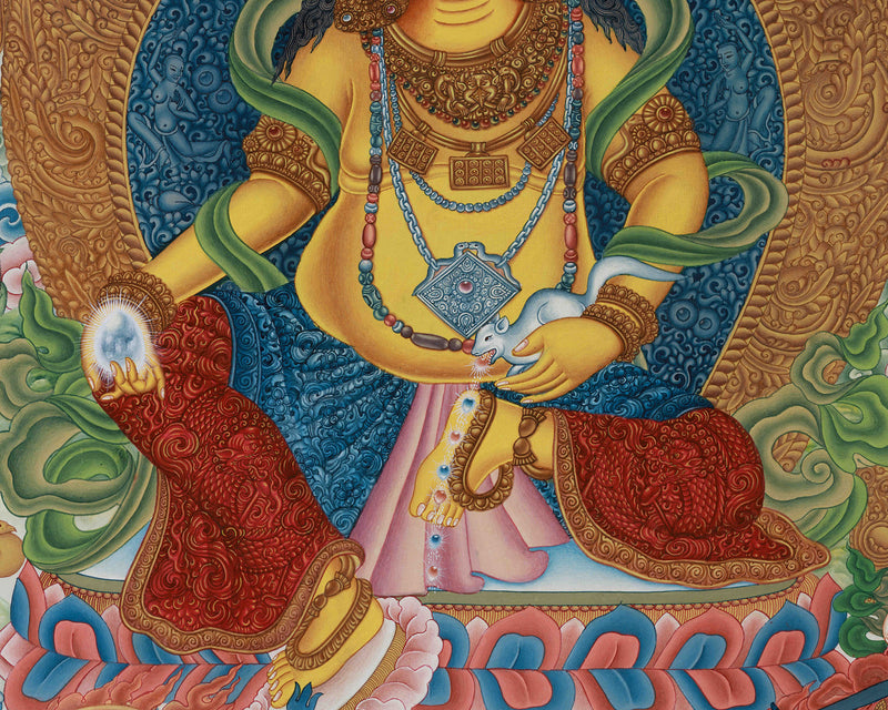 Yellow Dzambhala, The Wealth Deity Thangka | Prosperity Thangka With Five Dhyani Buddhas