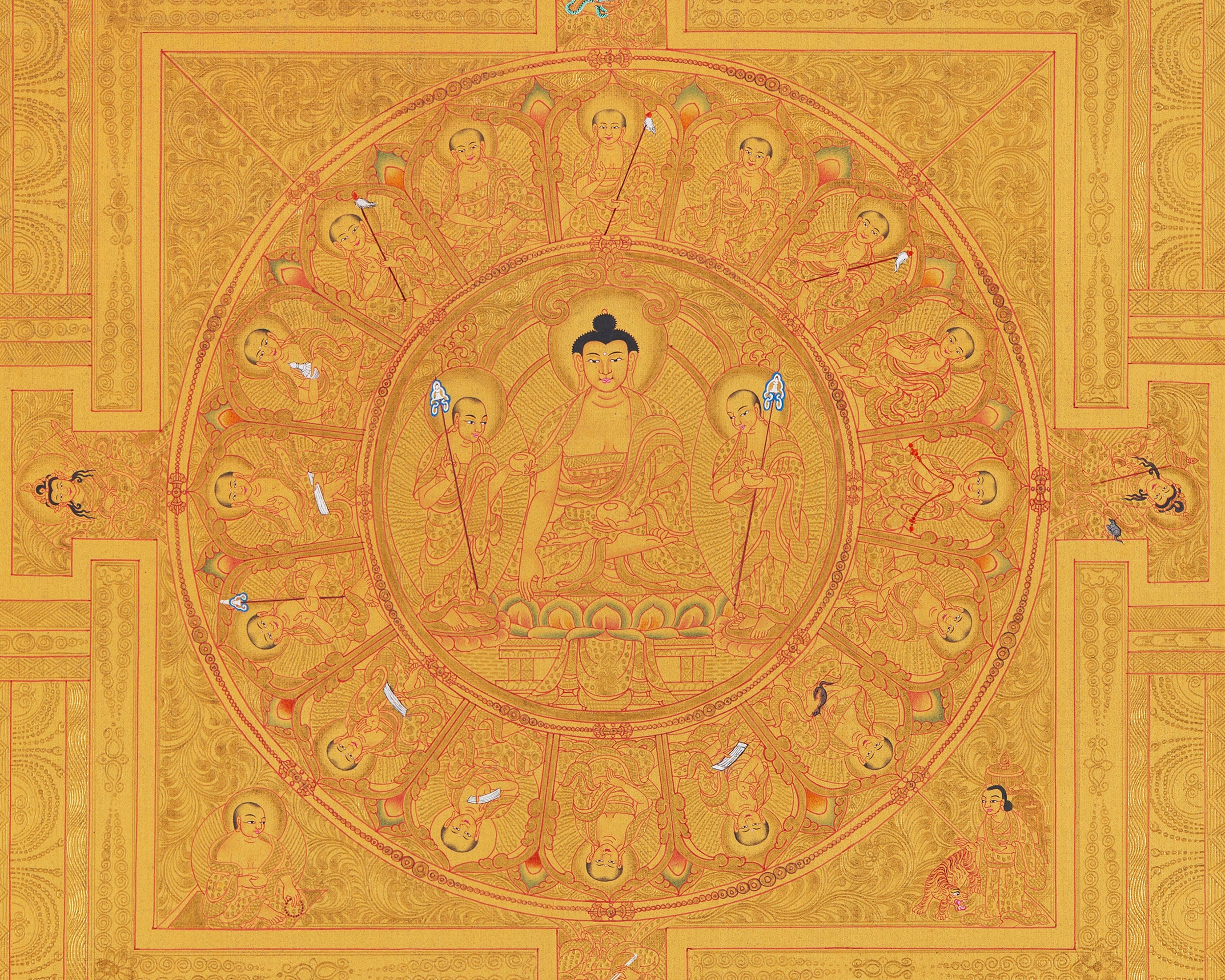 Shakyamuni Buddha Mandala Thangka with Pure 24k Golden  Embellishment | Wall Hanging Yoga Meditation Canvas Art | Spiritual Gift Idea