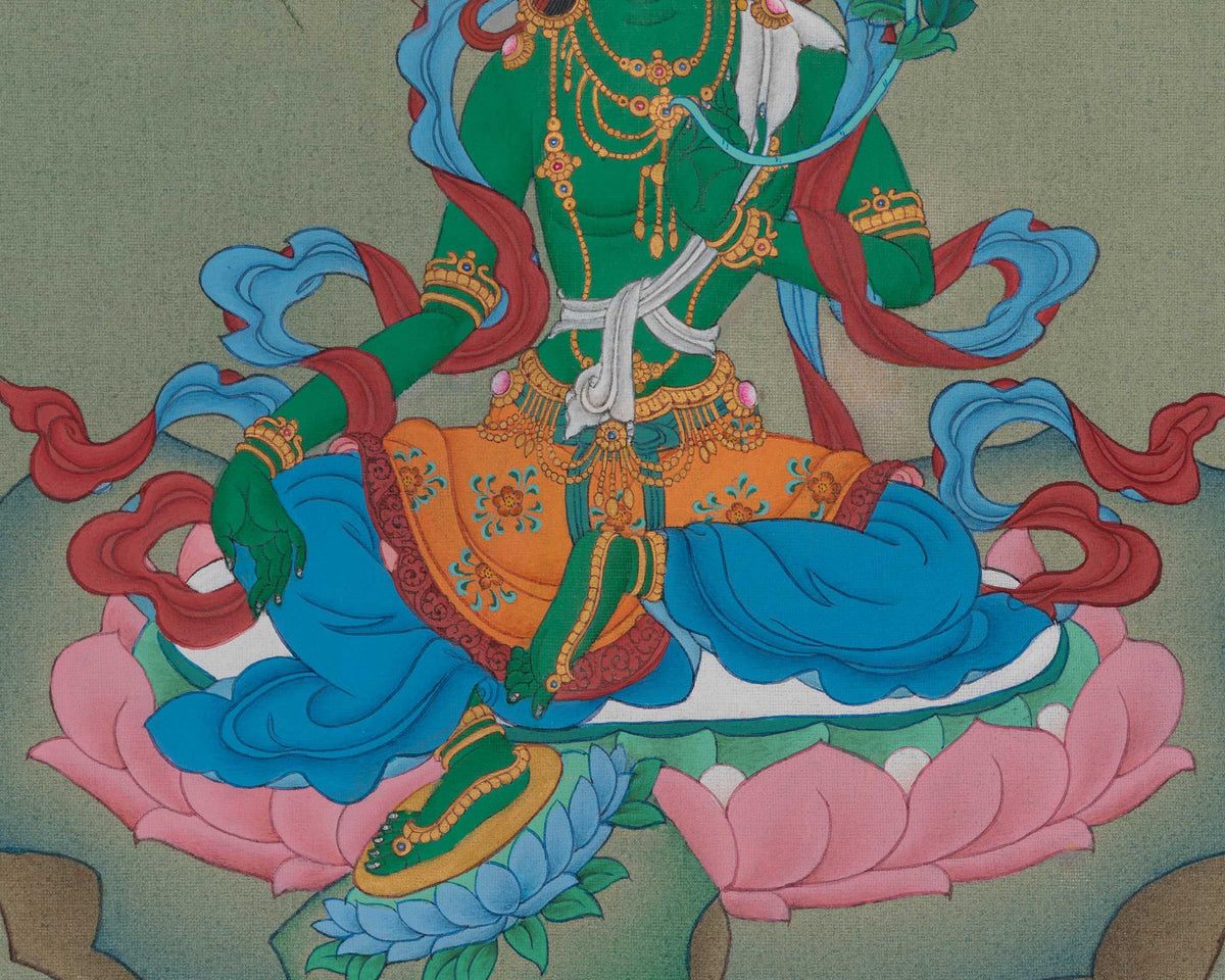 Green Tara Traditional Art | Shyama Tara | Buddhist Painting of Compassion and Protection