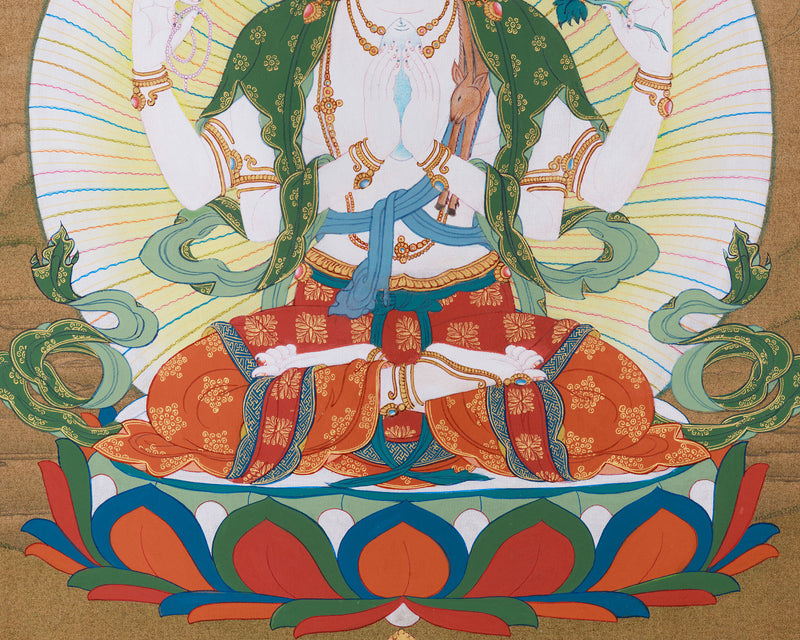 Chenrezig, Four-Armed Avalokiteshvara Thangka | Tibetan Compassion Deity