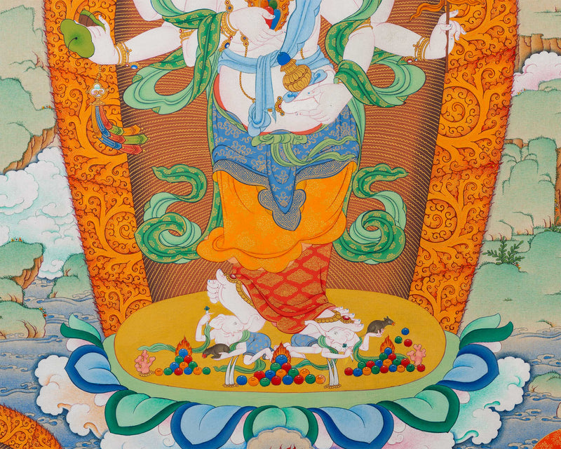 Thangka Print of White Mahakala with Five Jambala: Assembly of Wealth Deities