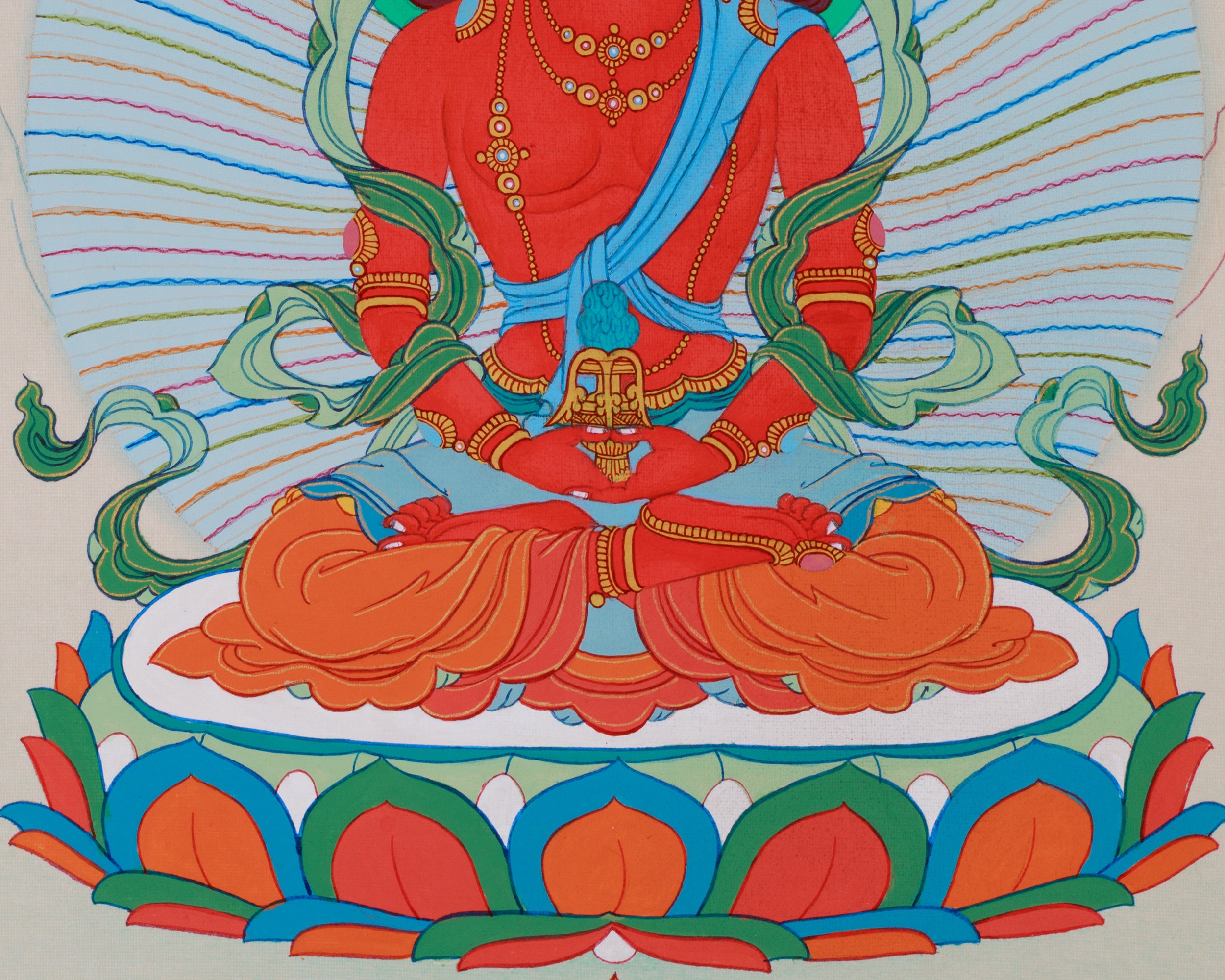 Small Red Buddha, Amitayus Thangka | Brocade Mounted