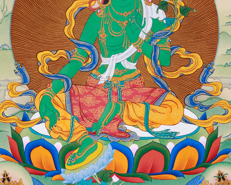 Radiant Green Tara Thangka Print, with Ushnisha (Namgyalma) and Pannasavari