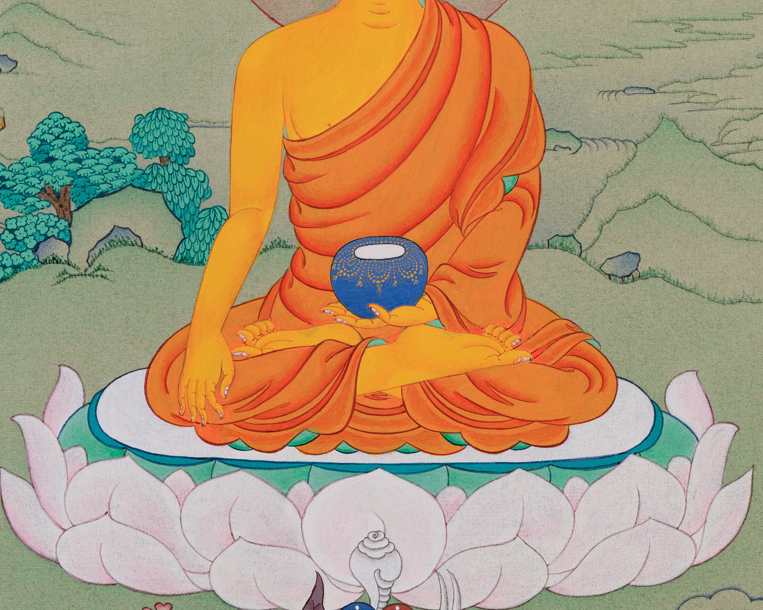 Hand-Painted Gautam Buddha Thangka | Featuring Rich Natural Stone Colors