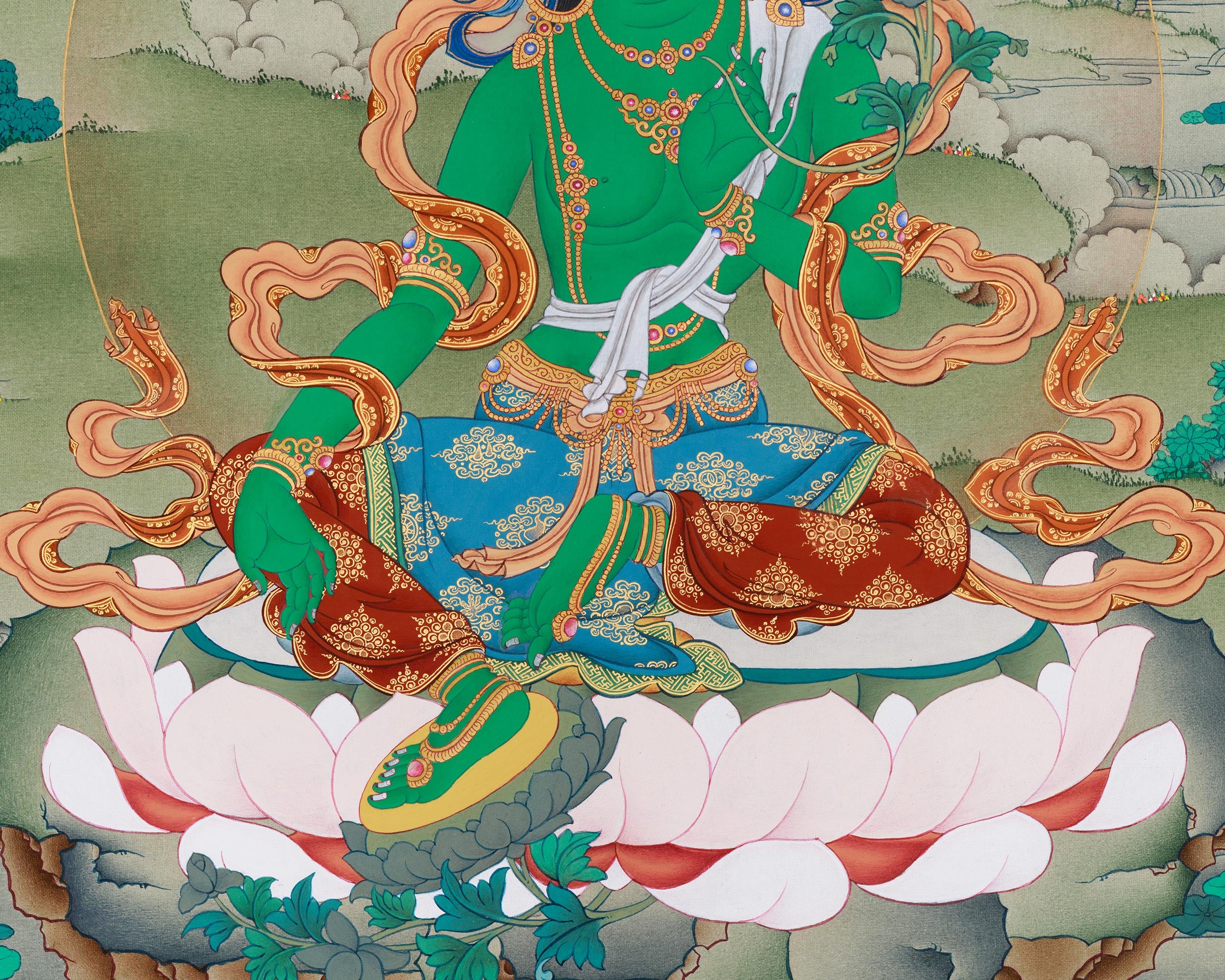 Original Female Bodhisattva Green Tara Painting | Divine Protector and Healer of All Beings