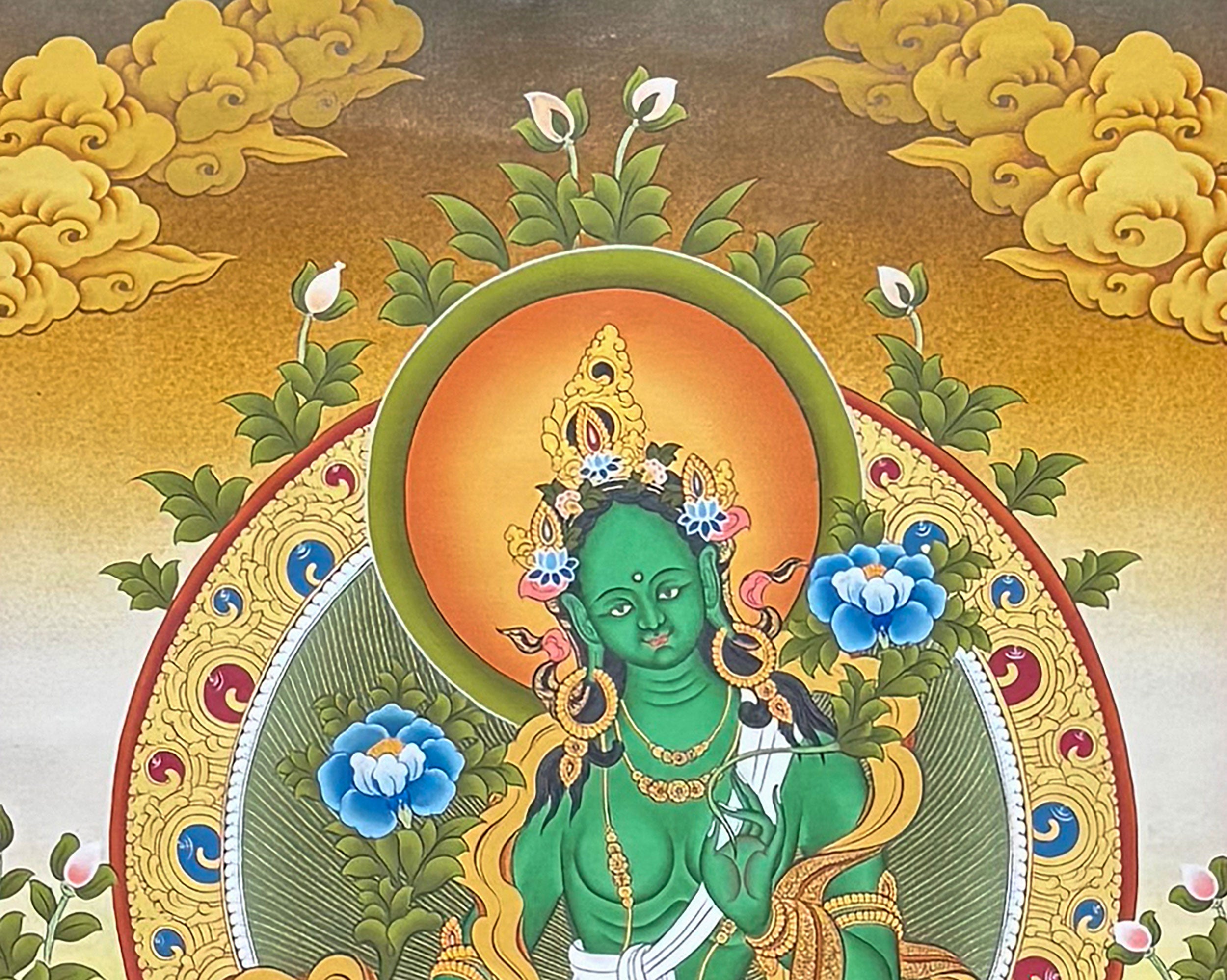 Green Tara with Bodhisattva Artwork | A Beautiful Thangka in Brocade Symbolizing Protection and Compassion