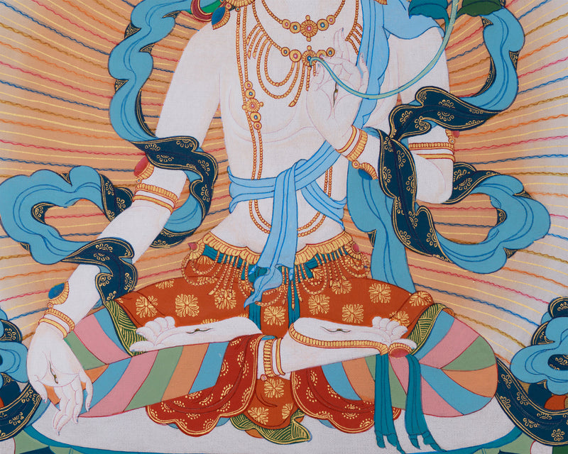 Seven-Eyes White Tara Thangka – Hand-Painted Tibetan Artwork in Karma Gadri Style