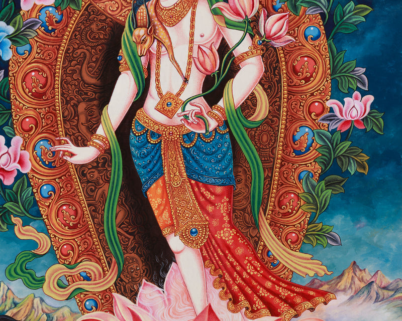 Sacred Standing 2-Armed Chenrezig Thangka | Buddhist Compassion Deity